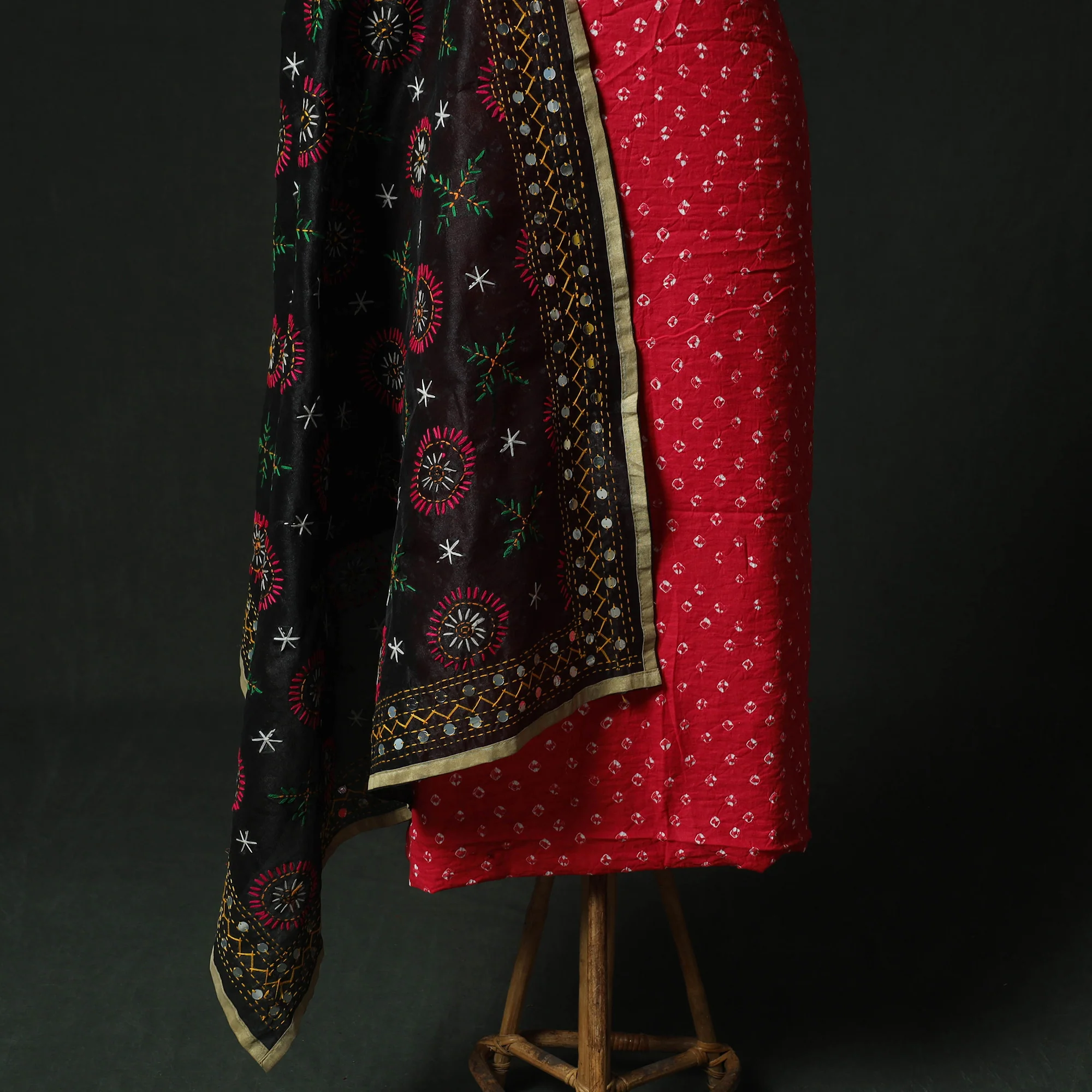 Pink - Kutch Bandhani Tie-Dye Cotton 2pc Unstitched Dress Material Kurta Set with Earrings 13 - Image 4
