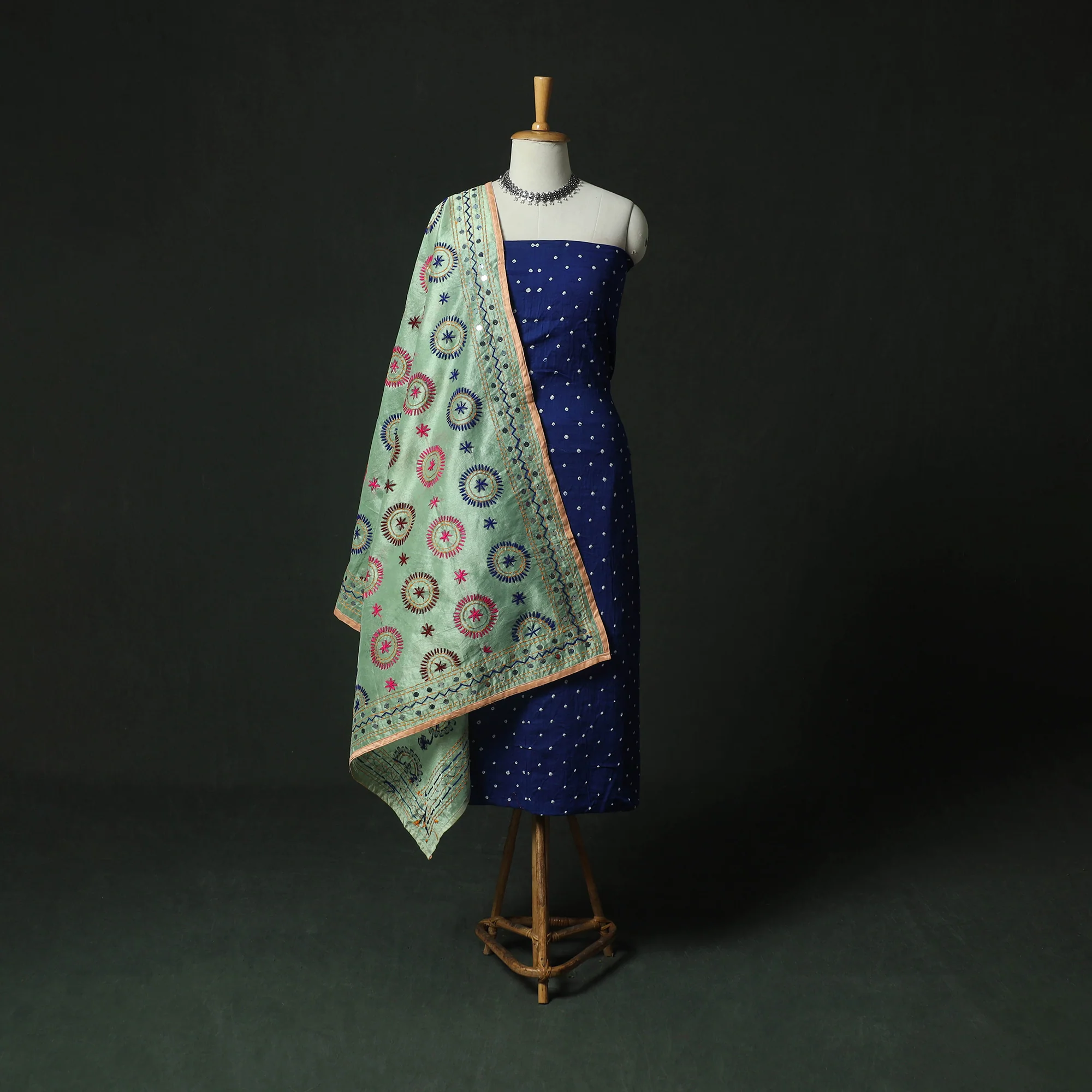 Blue - Kutch Bandhani Tie-Dye Cotton 2pc Unstitched Dress Material Kurta Set with Earrings 14