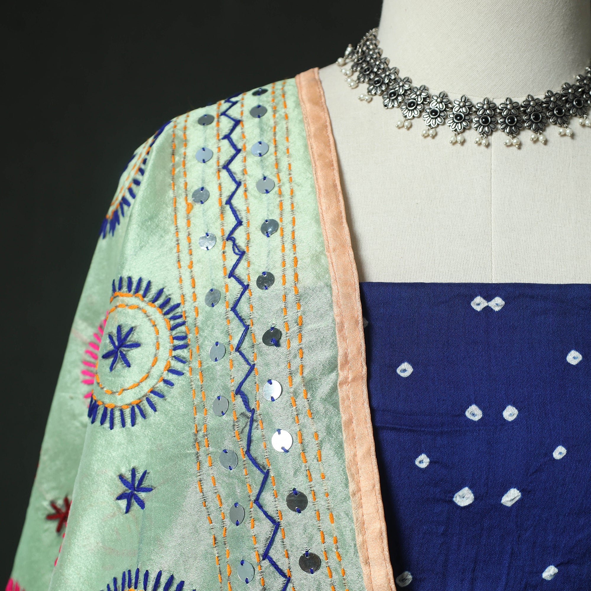 Blue - Kutch Bandhani Tie-Dye Cotton 2pc Unstitched Dress Material Kurta Set with Earrings 14 - Image 3
