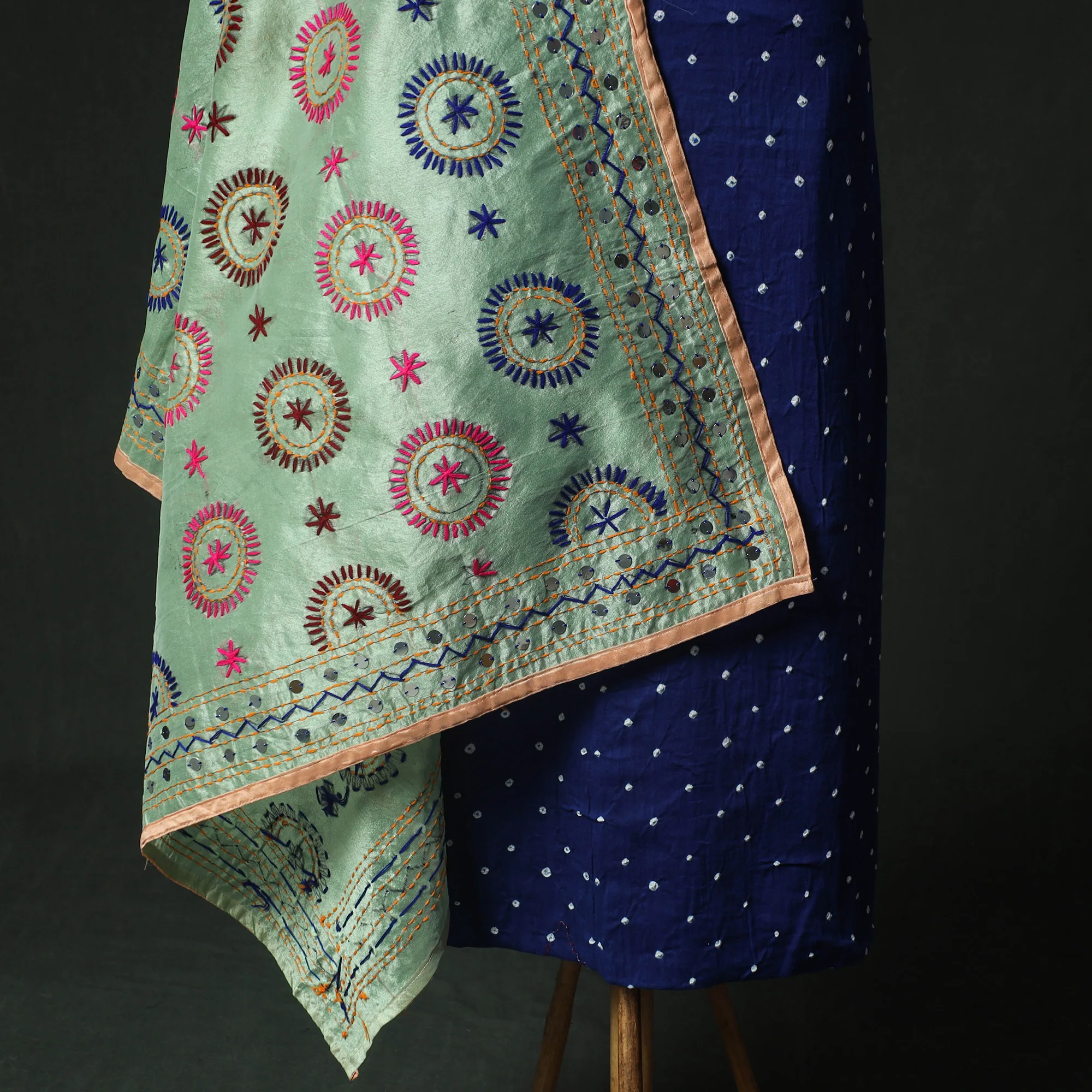 Blue - Kutch Bandhani Tie-Dye Cotton 2pc Unstitched Dress Material Kurta Set with Earrings 14 - Image 4