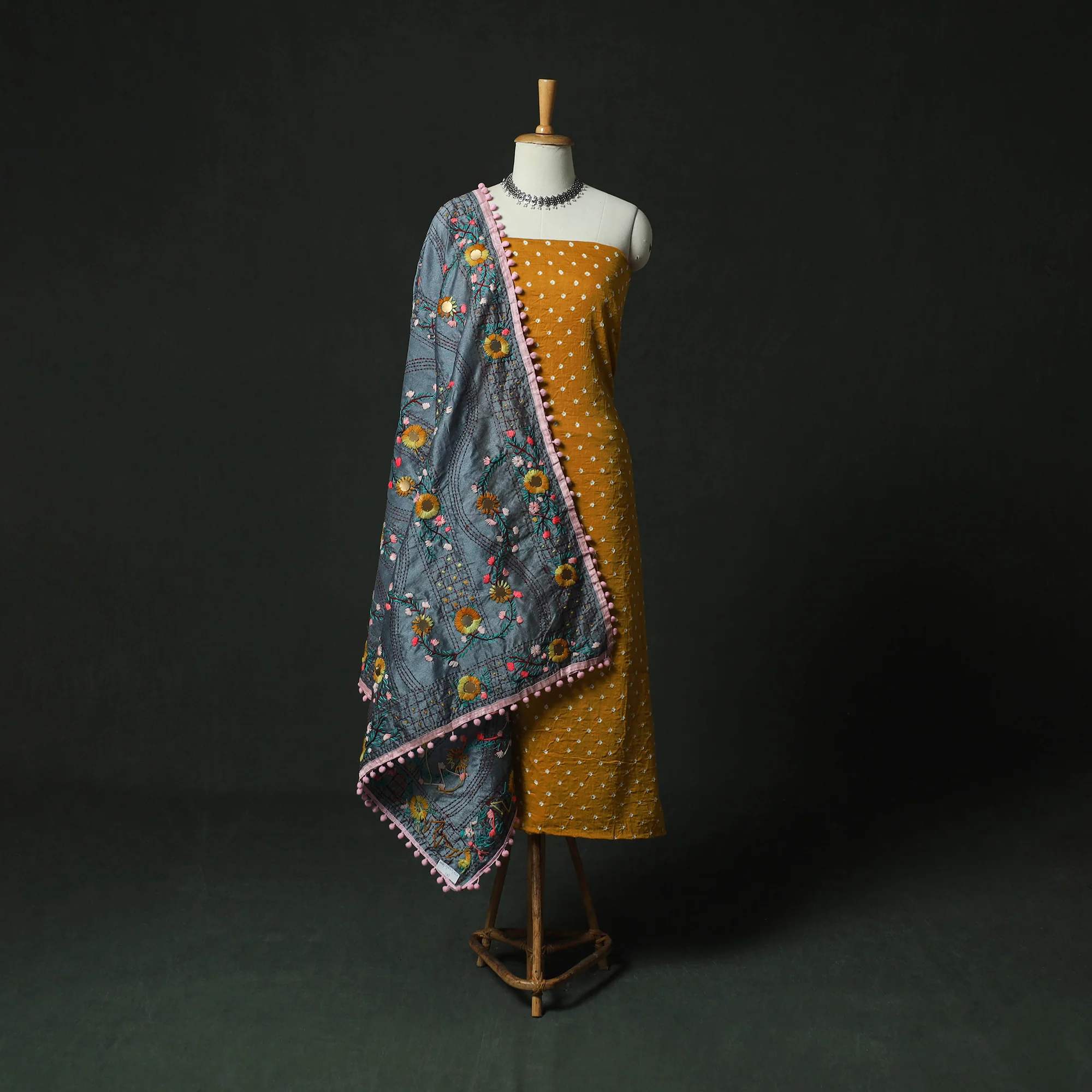 Yellow - Kutch Bandhani Tie-Dye Cotton 2pc Unstitched Dress Material Kurta Set with Earrings 15
