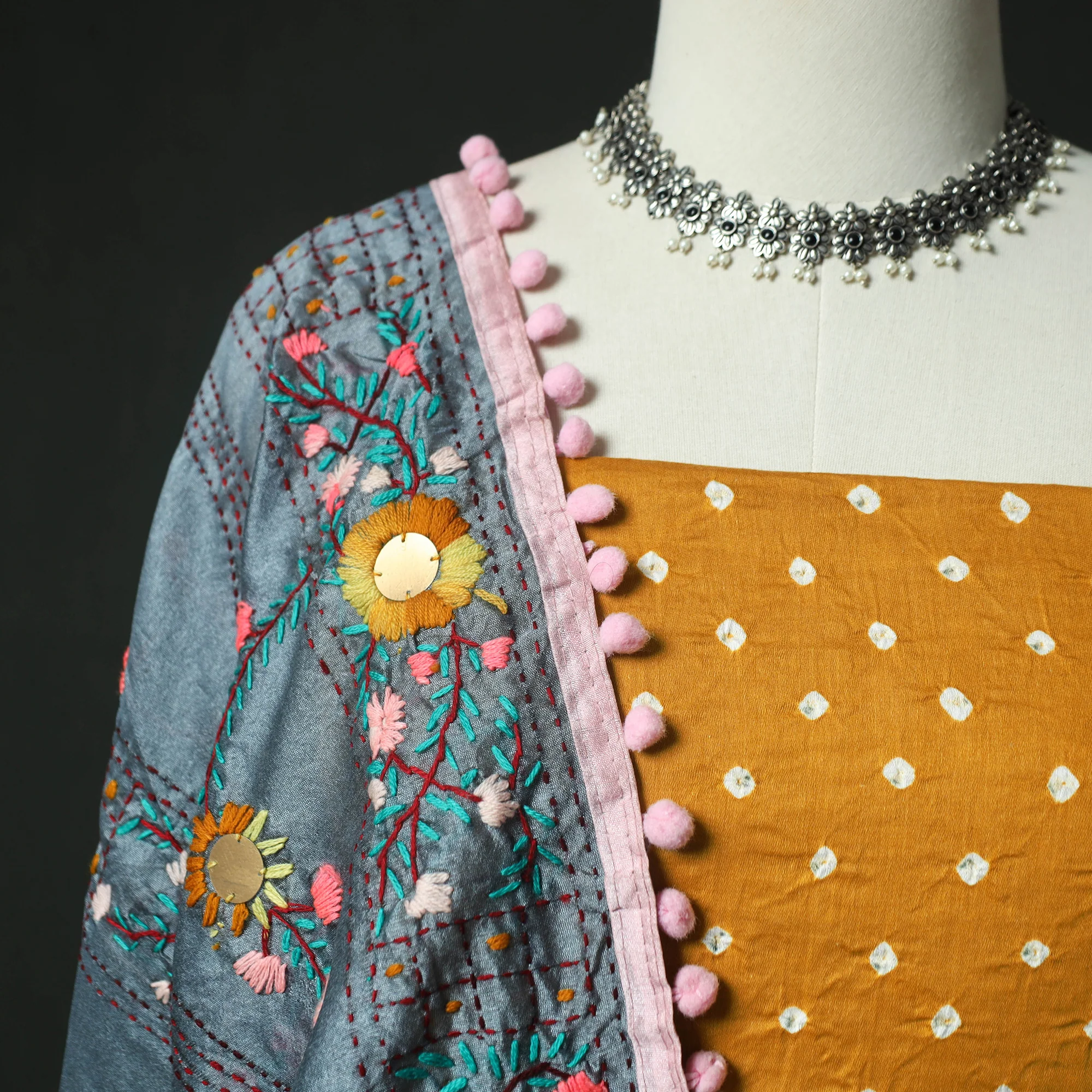 Yellow - Kutch Bandhani Tie-Dye Cotton 2pc Unstitched Dress Material Kurta Set with Earrings 15 - Image 3