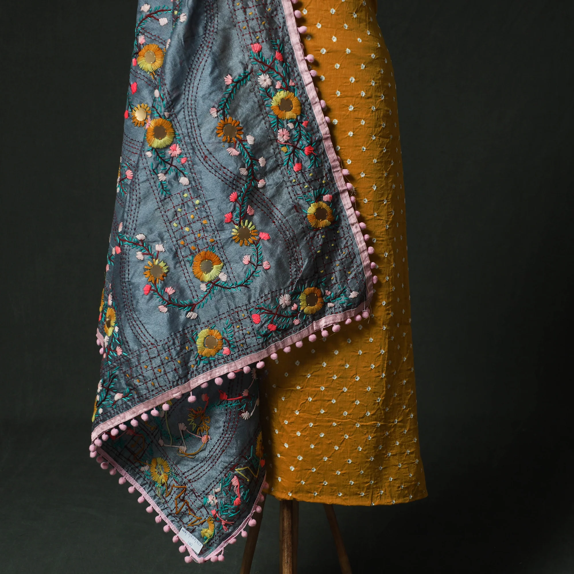 Yellow - Kutch Bandhani Tie-Dye Cotton 2pc Unstitched Dress Material Kurta Set with Earrings 15 - Image 4