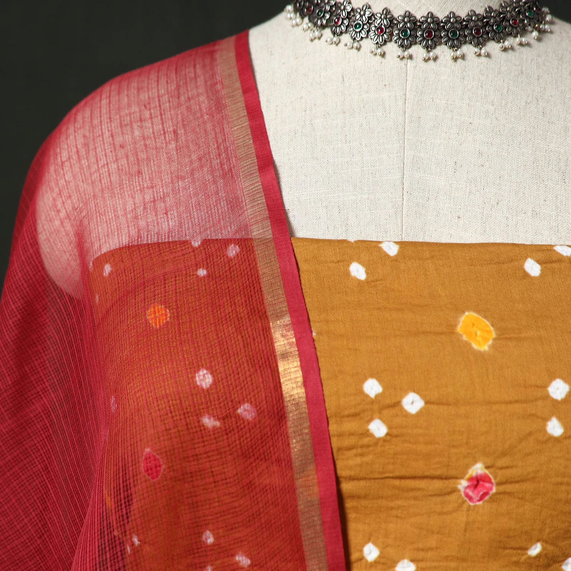 Kutch Bandhani Tie-Dye Cotton 2pc Unstitched Dress Material Kurta Set with Earrings 15 - Image 3