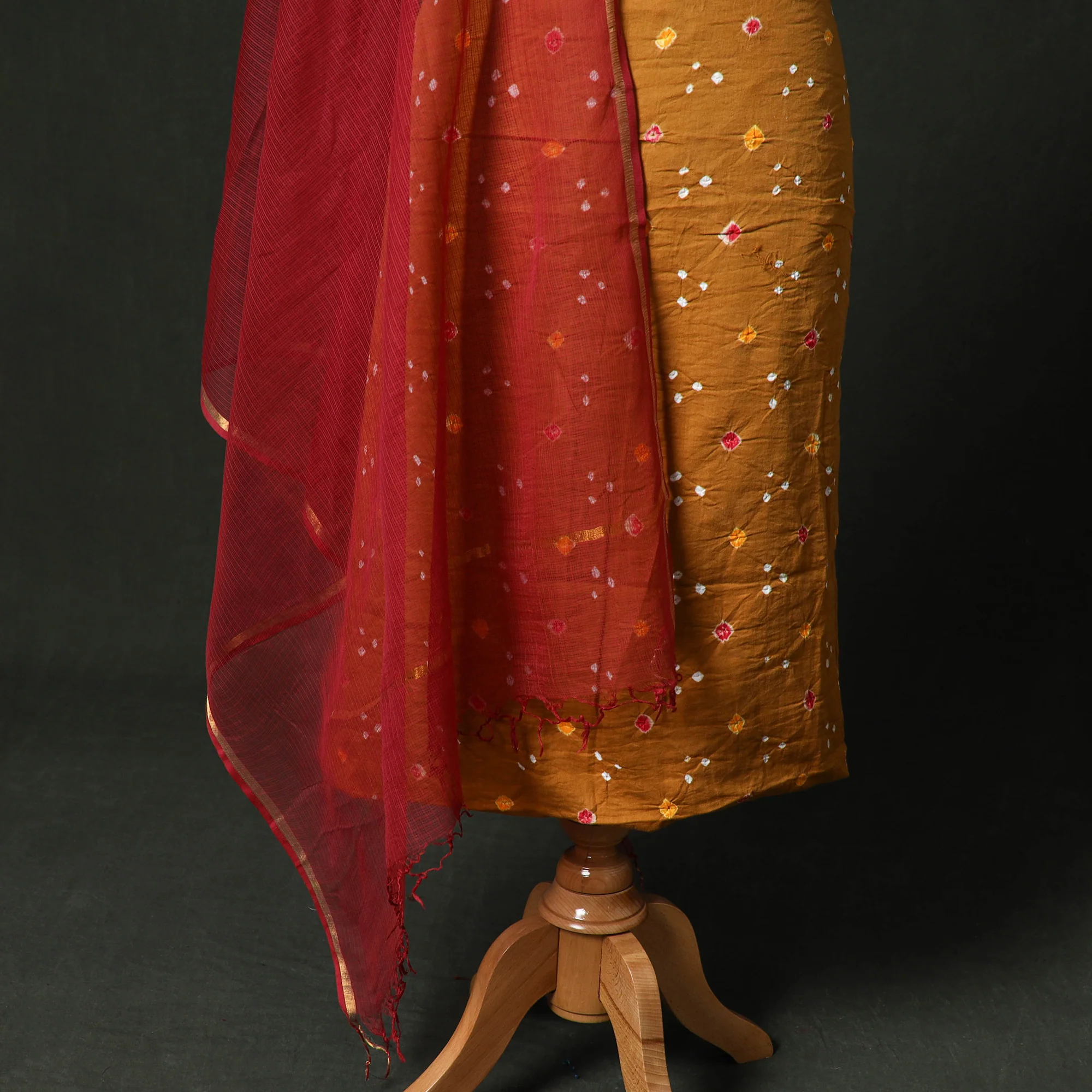 Kutch Bandhani Tie-Dye Cotton 2pc Unstitched Dress Material Kurta Set with Earrings 15 - Image 4