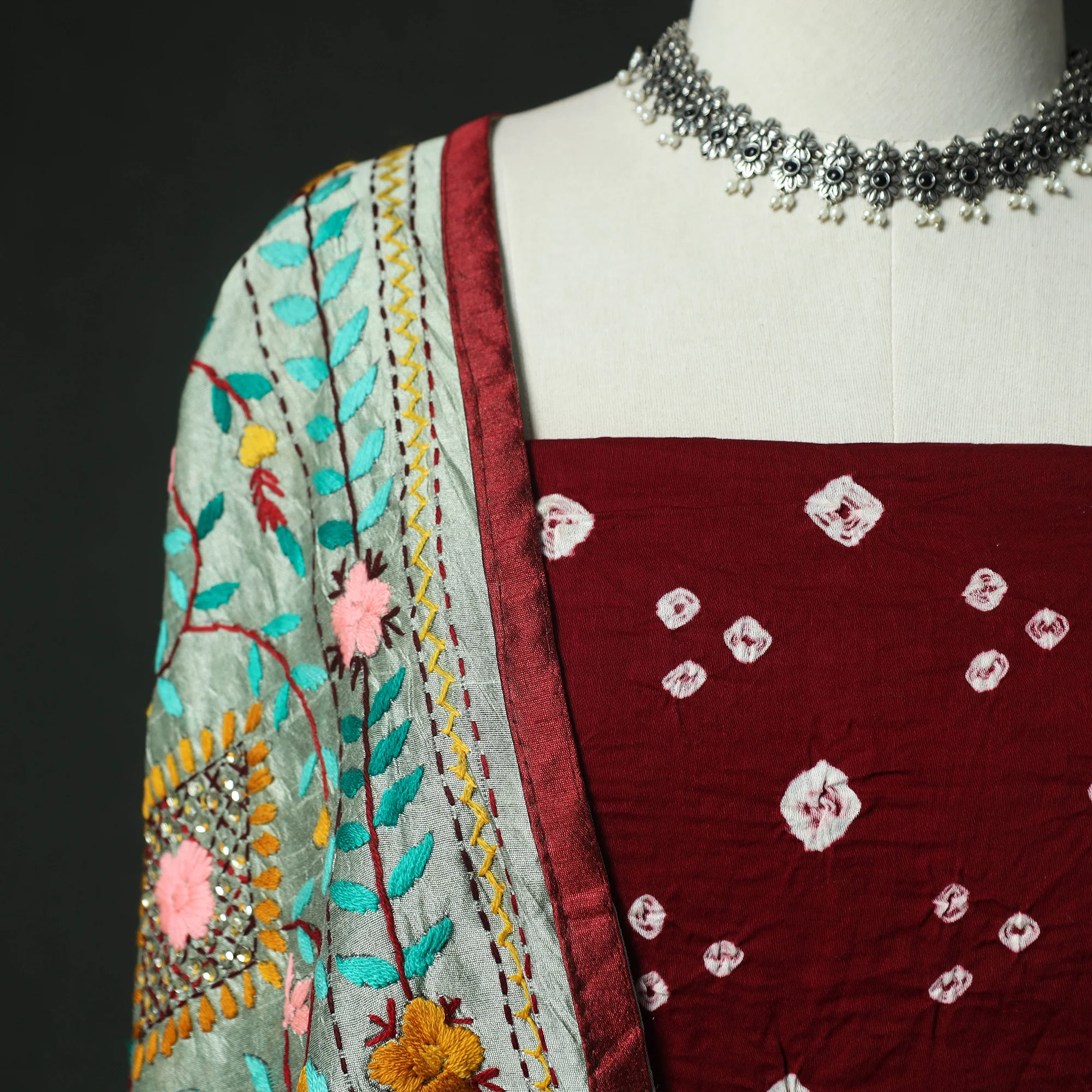 Maroon - Kutch Bandhani Tie-Dye Cotton 2pc Unstitched Dress Material Kurta Set with Earrings 16 - Image 3