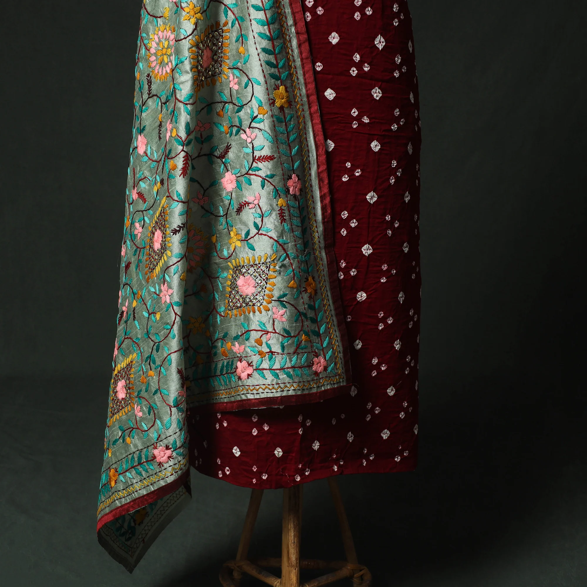 Maroon - Kutch Bandhani Tie-Dye Cotton 2pc Unstitched Dress Material Kurta Set with Earrings 16 - Image 4