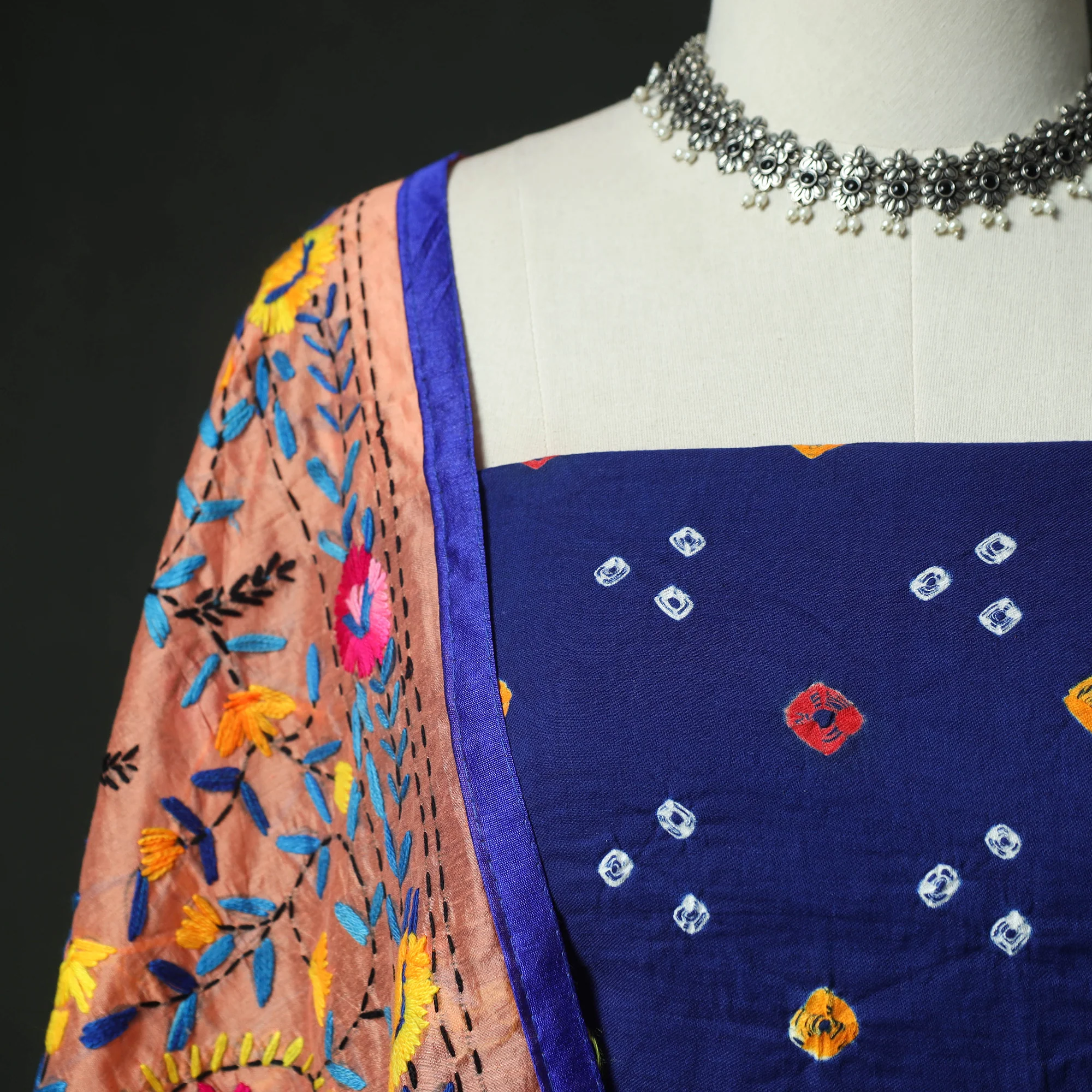 Blue - Kutch Bandhani Tie-Dye Cotton 2pc Unstitched Dress Material Kurta Set with Earrings 17 - Image 3