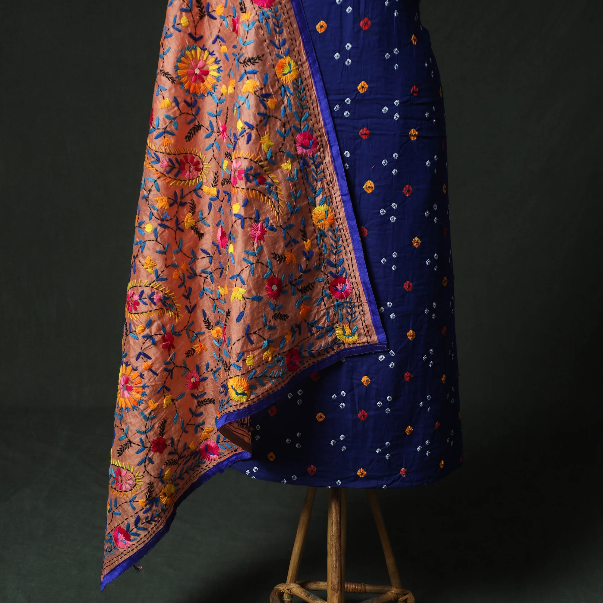 Blue - Kutch Bandhani Tie-Dye Cotton 2pc Unstitched Dress Material Kurta Set with Earrings 17 - Image 4