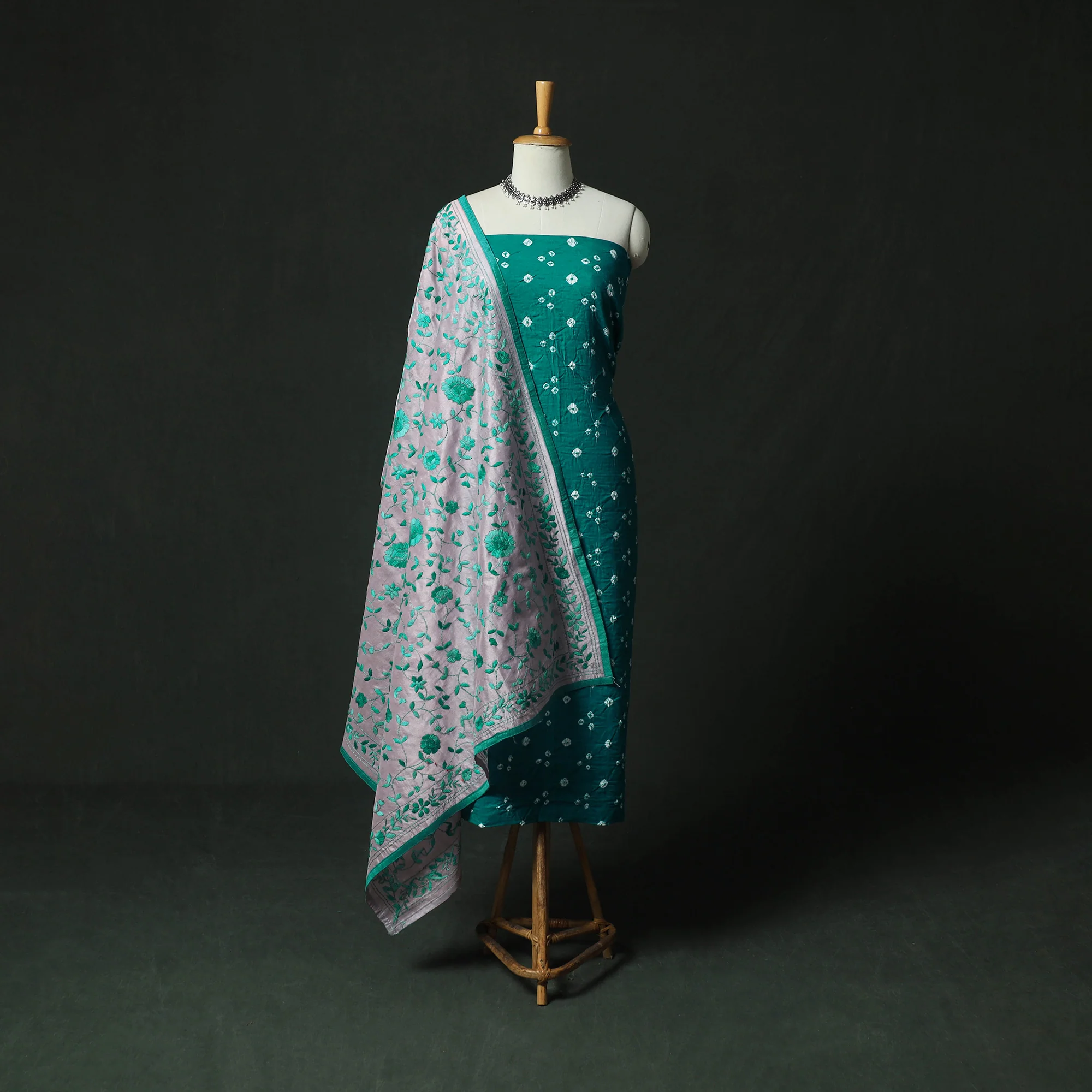 Green - Kutch Bandhani Tie-Dye Cotton 2pc Unstitched Dress Material Kurta Set with Earrings 18