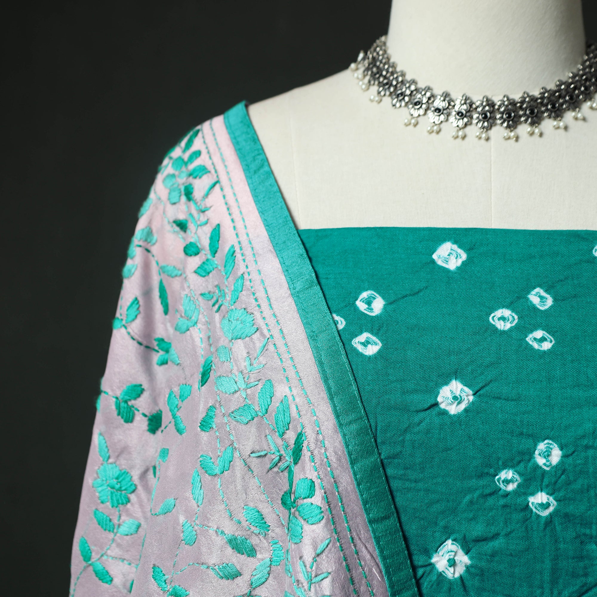 Green - Kutch Bandhani Tie-Dye Cotton 2pc Unstitched Dress Material Kurta Set with Earrings 18 - Image 3