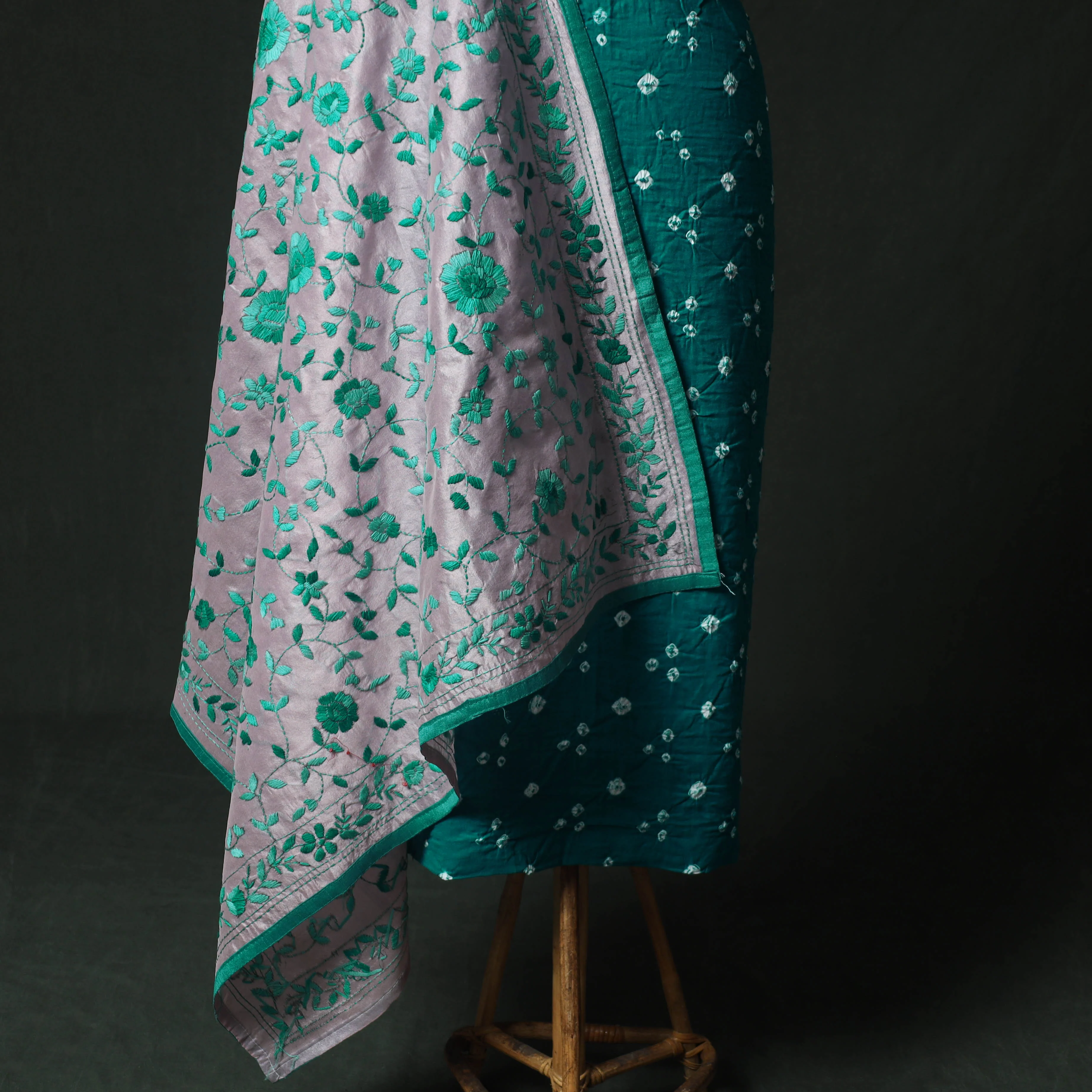 Green - Kutch Bandhani Tie-Dye Cotton 2pc Unstitched Dress Material Kurta Set with Earrings 18 - Image 4