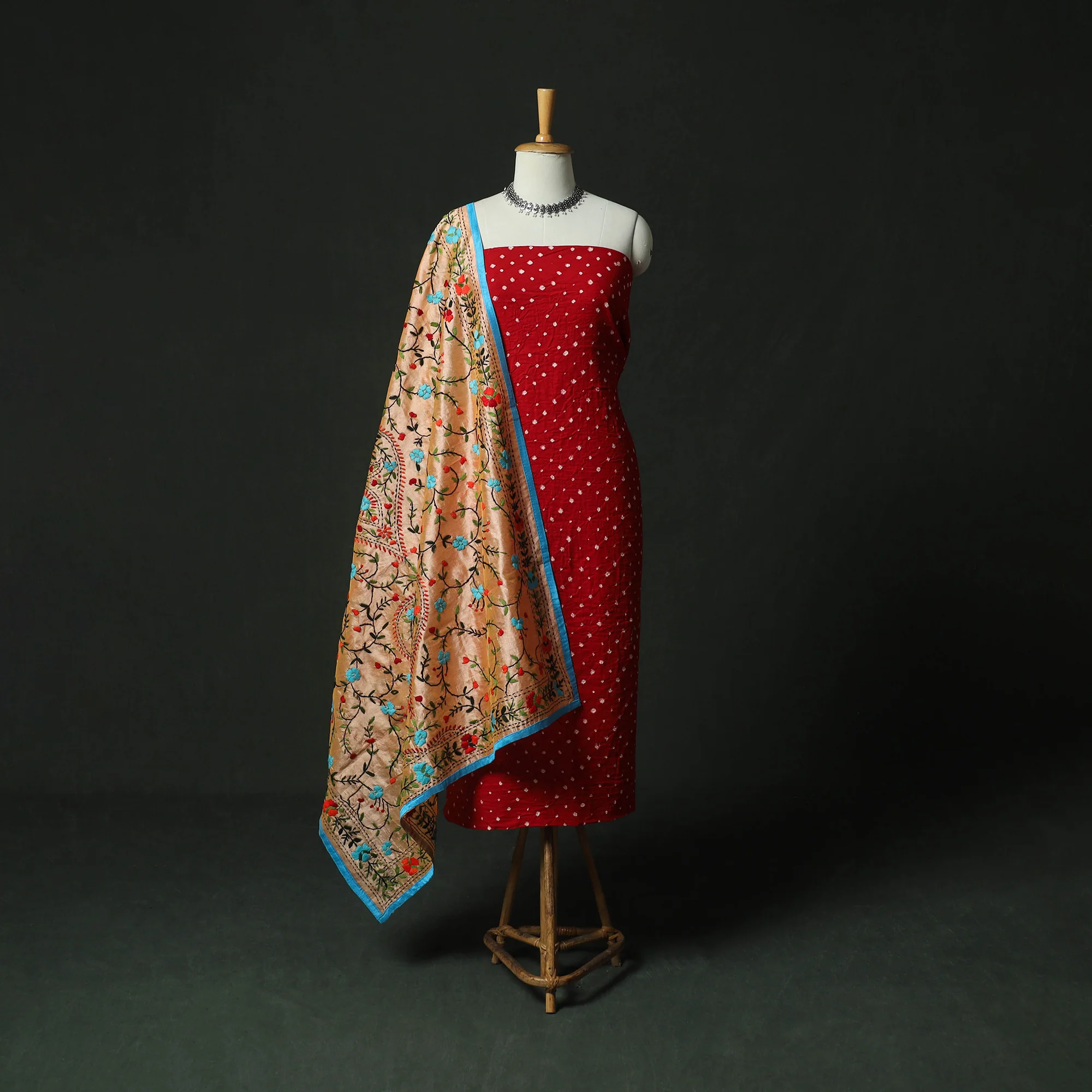 Red - Kutch Bandhani Tie-Dye Cotton 2pc Unstitched Dress Material Kurta Set with Earrings 19