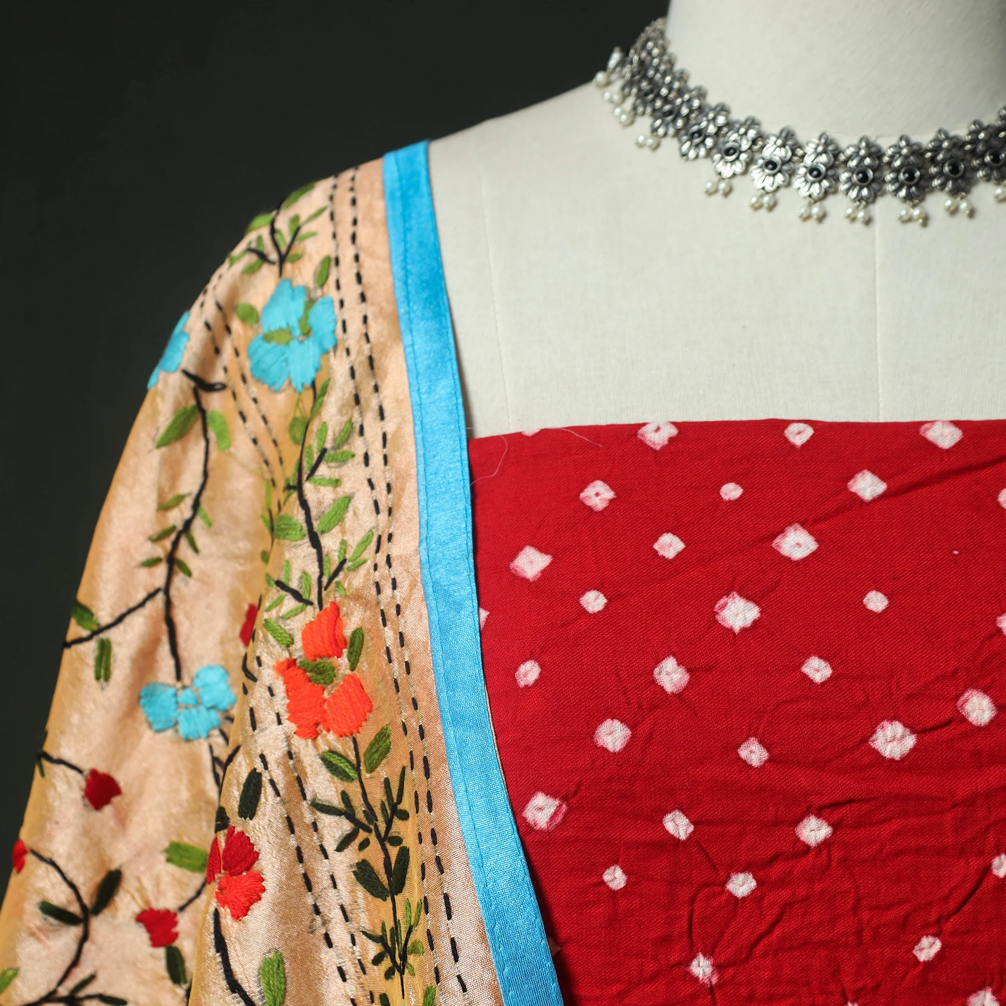 Red - Kutch Bandhani Tie-Dye Cotton 2pc Unstitched Dress Material Kurta Set with Earrings 19 - Image 3