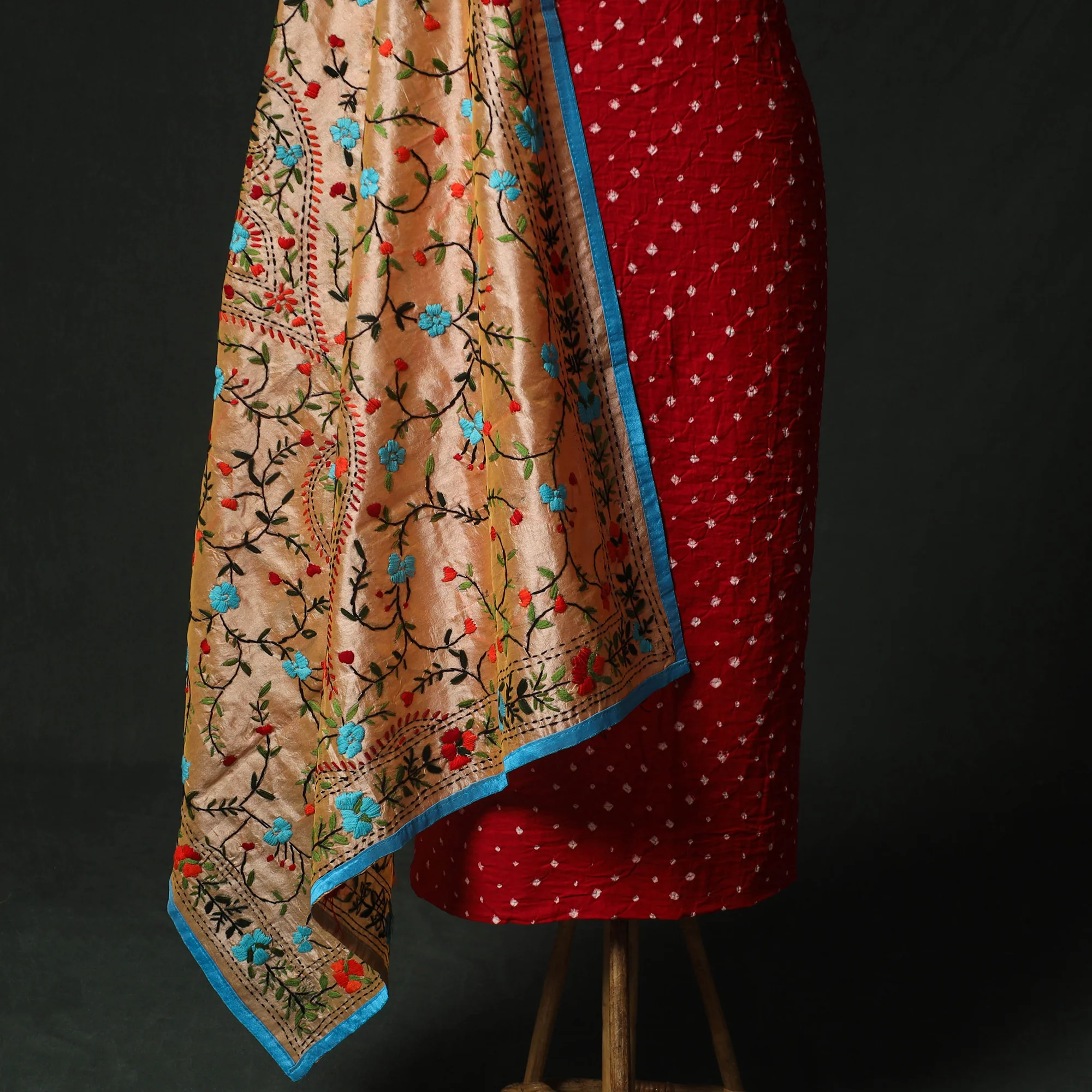 Red - Kutch Bandhani Tie-Dye Cotton 2pc Unstitched Dress Material Kurta Set with Earrings 19 - Image 4