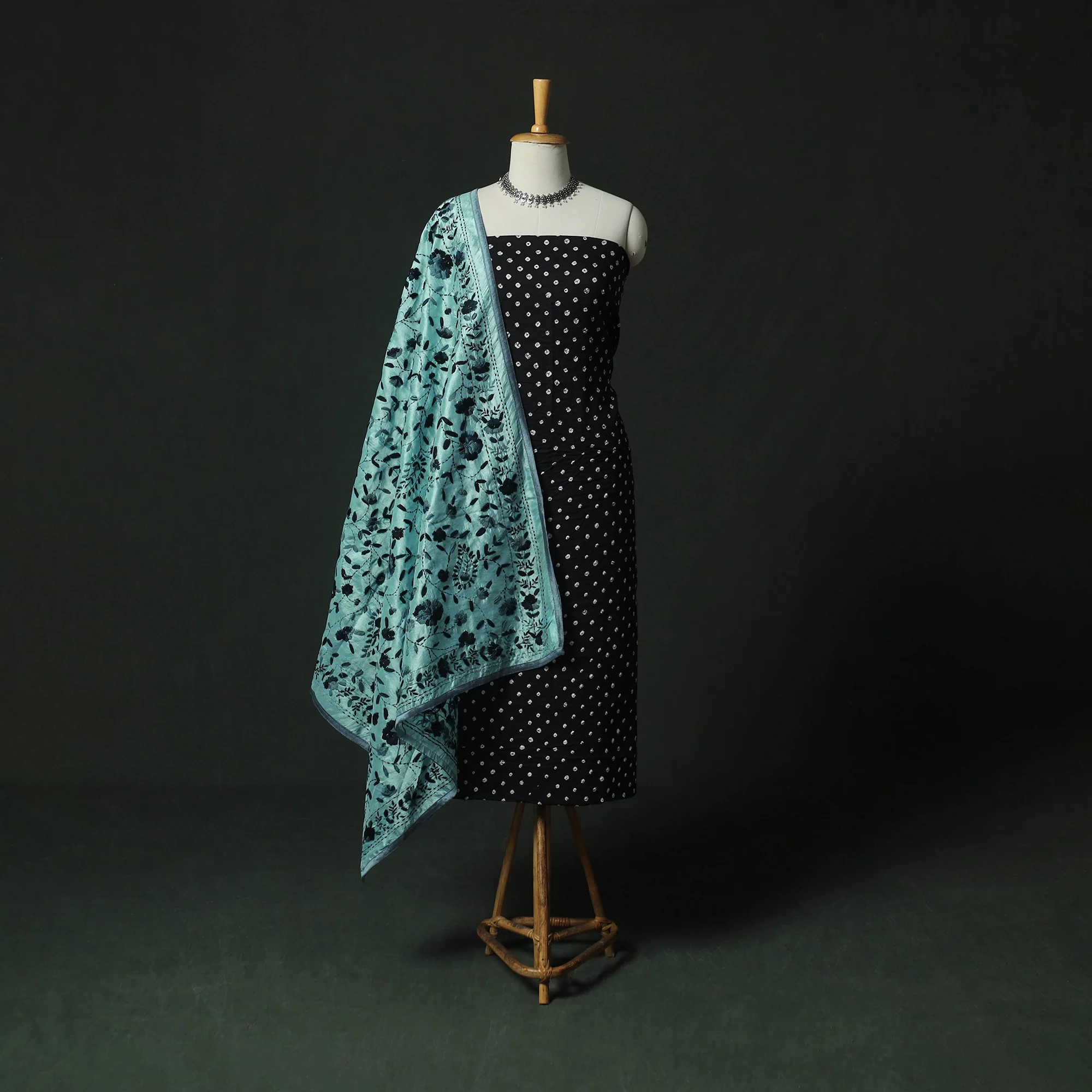 Black - Kutch Bandhani Tie-Dye Cotton 2pc Unstitched Dress Material Kurta Set with Earrings 20
