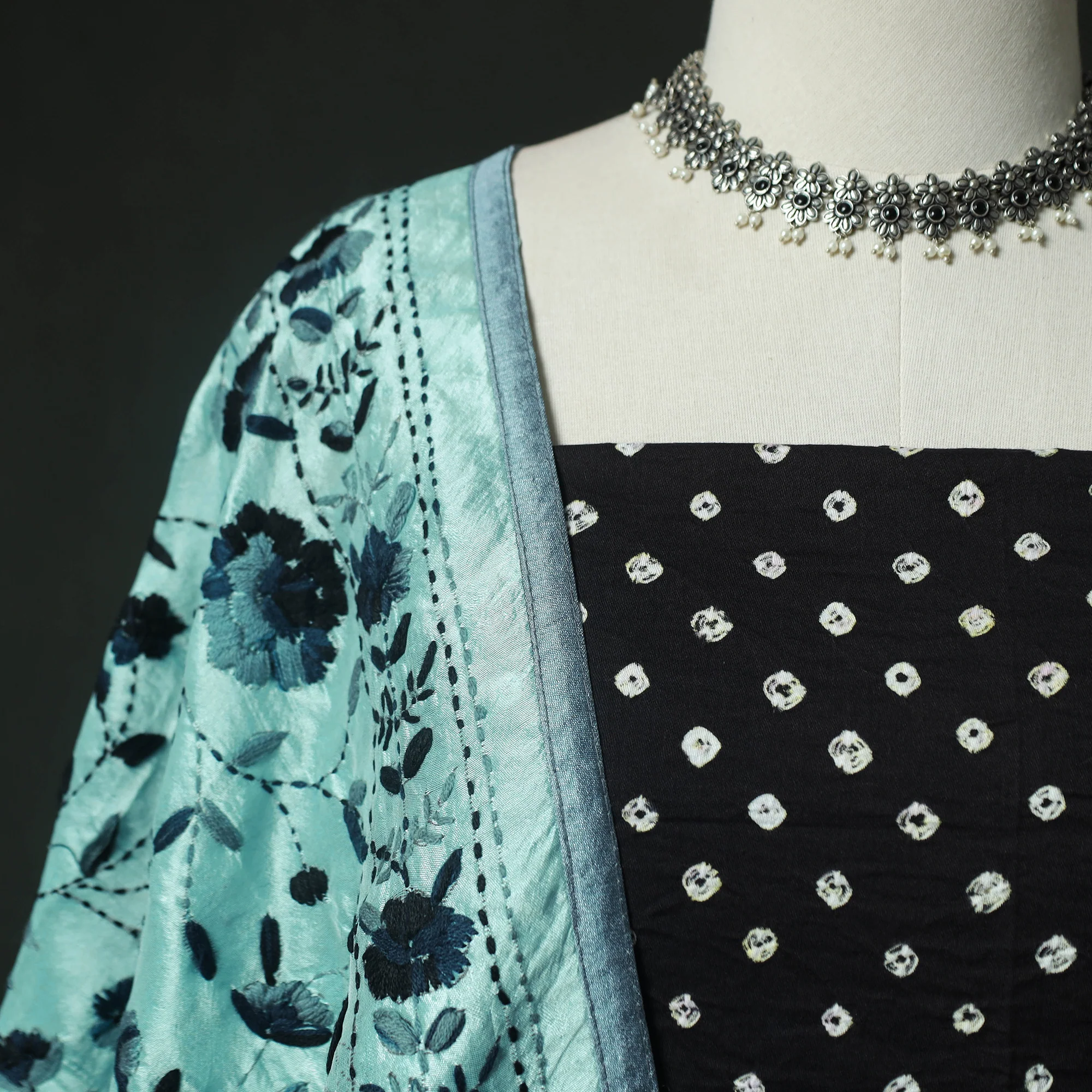 Black - Kutch Bandhani Tie-Dye Cotton 2pc Unstitched Dress Material Kurta Set with Earrings 20 - Image 3