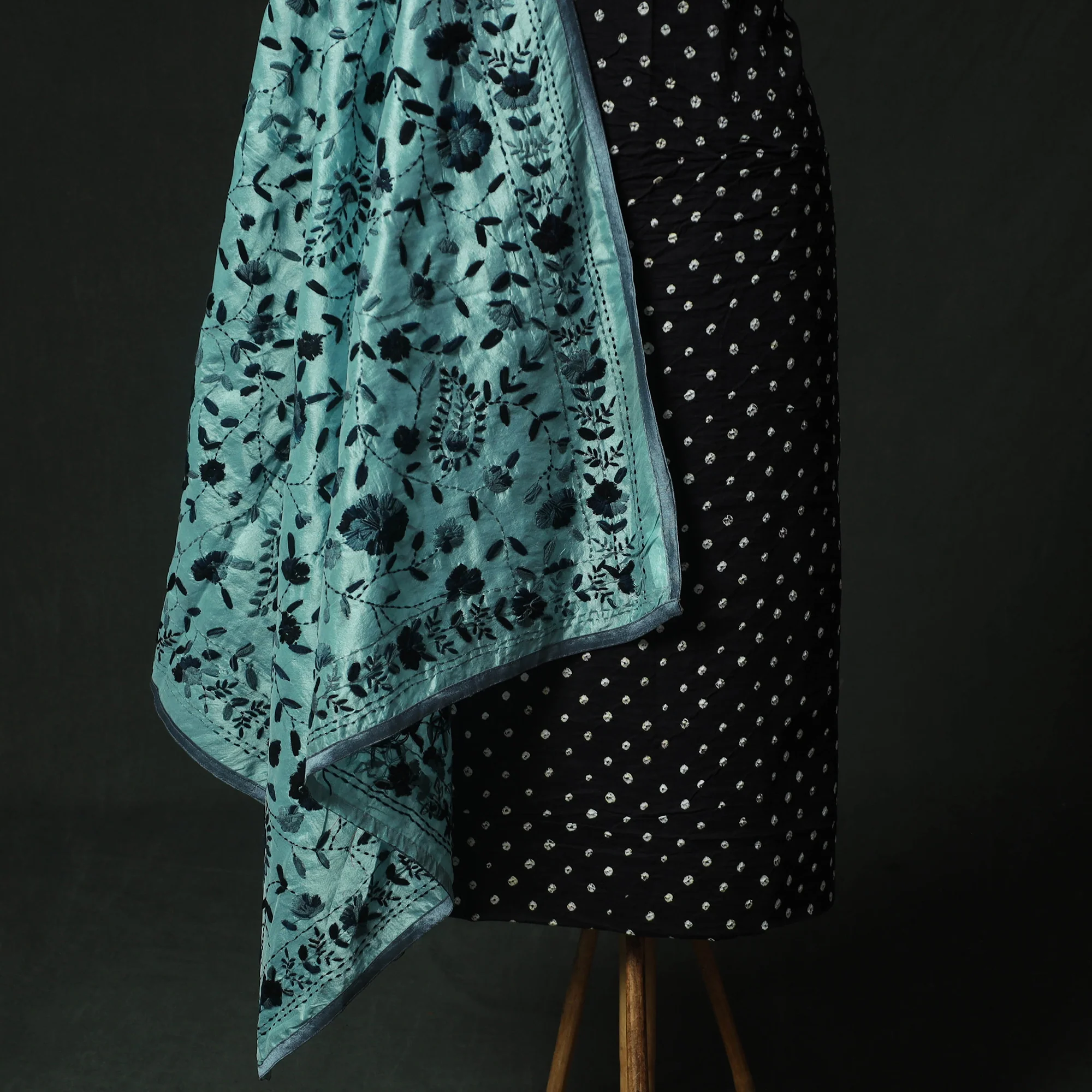 Black - Kutch Bandhani Tie-Dye Cotton 2pc Unstitched Dress Material Kurta Set with Earrings 20 - Image 4