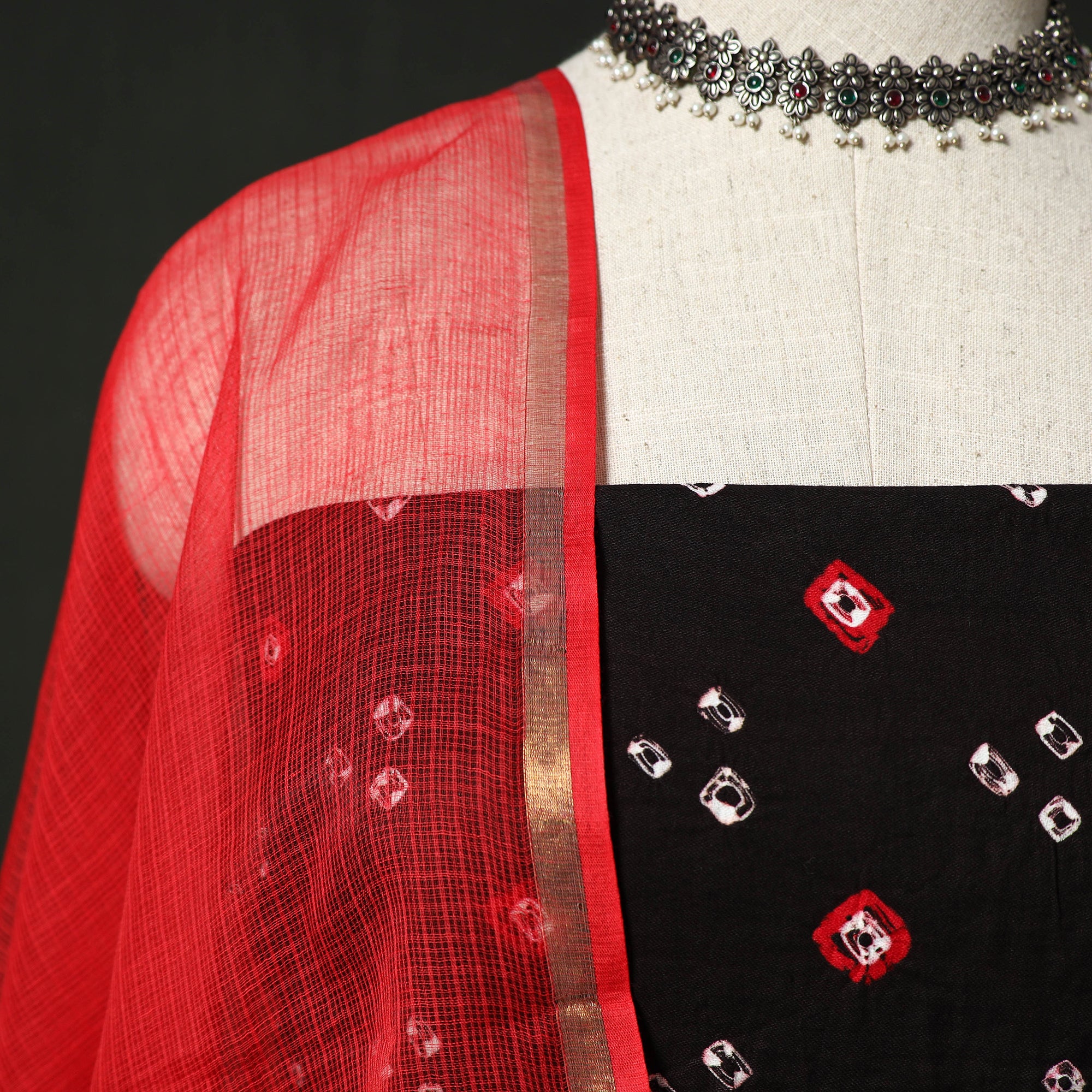 Kutch Bandhani Tie-Dye Cotton 2pc Unstitched Dress Material Kurta Set with Earrings 20 - Image 3