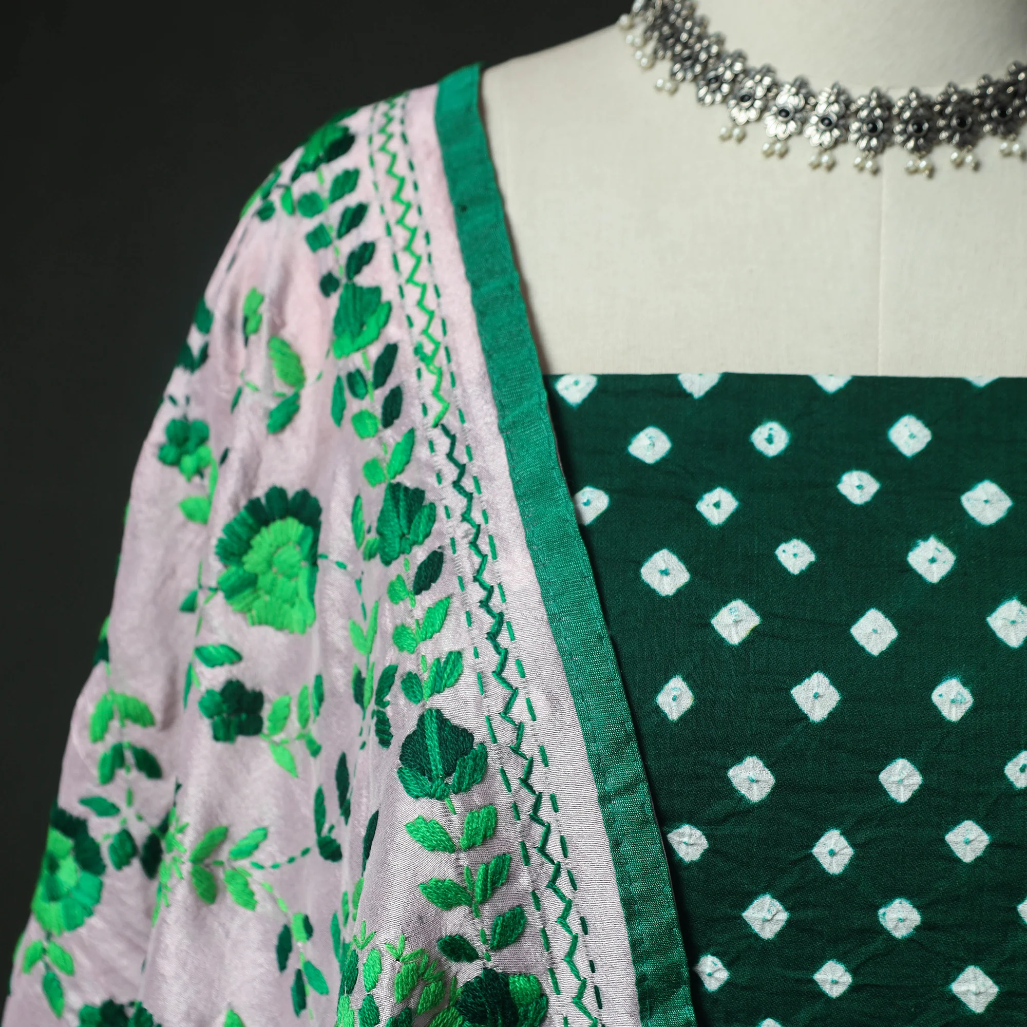 Green - Kutch Bandhani Tie-Dye Cotton 2pc Unstitched Dress Material Kurta Set with Earrings 21 - Image 3