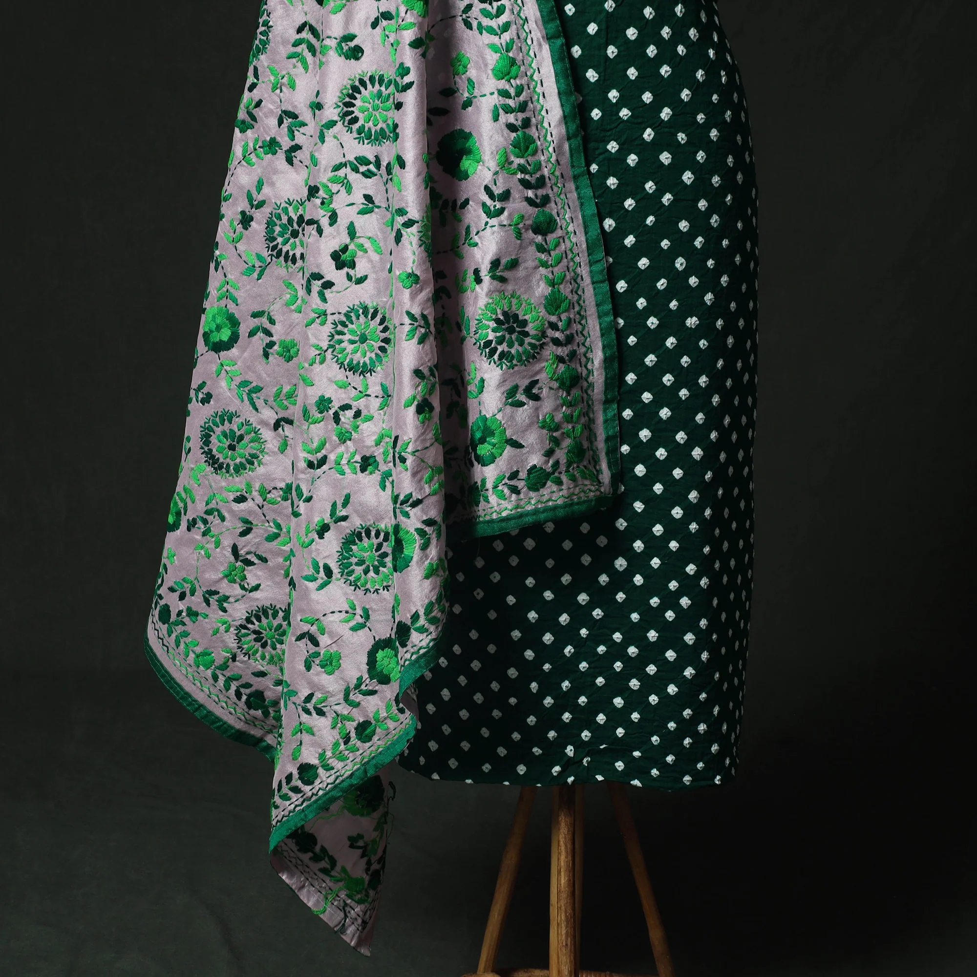 Green - Kutch Bandhani Tie-Dye Cotton 2pc Unstitched Dress Material Kurta Set with Earrings 21 - Image 4