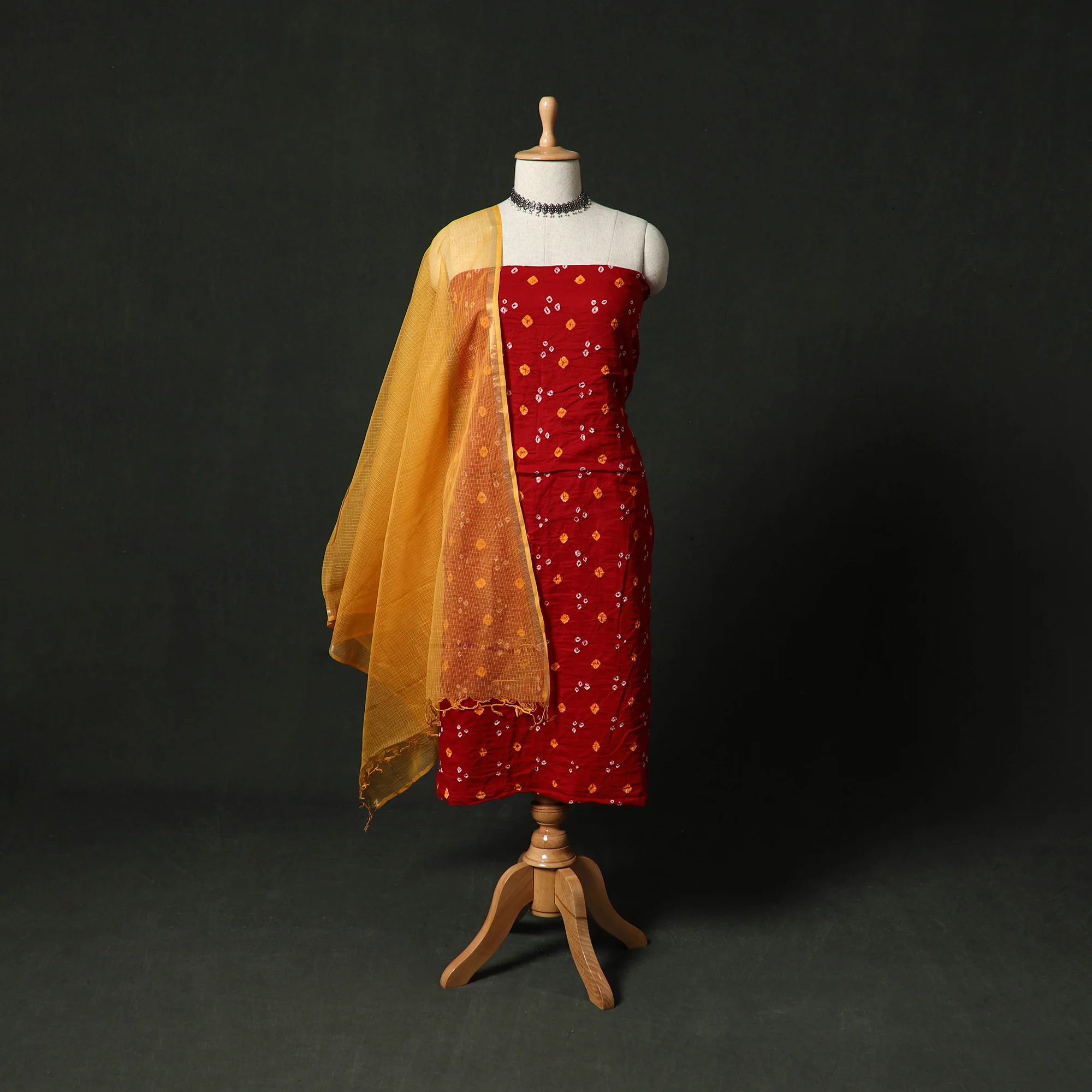 Kutch Bandhani Tie-Dye Cotton 2pc Unstitched Dress Material Kurta Set with Earrings 21