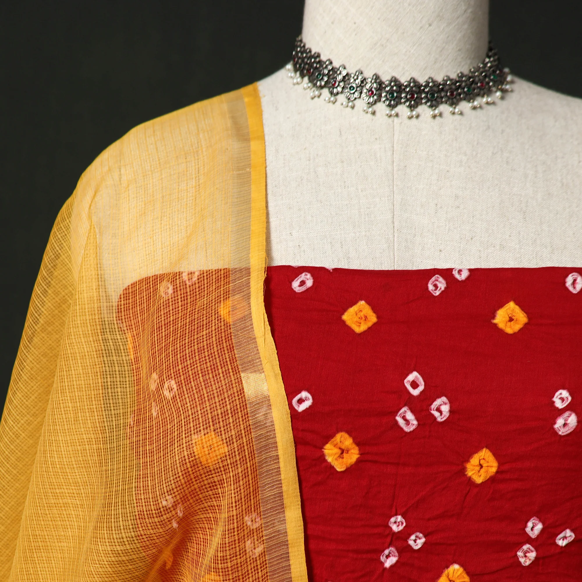 Kutch Bandhani Tie-Dye Cotton 2pc Unstitched Dress Material Kurta Set with Earrings 21 - Image 3