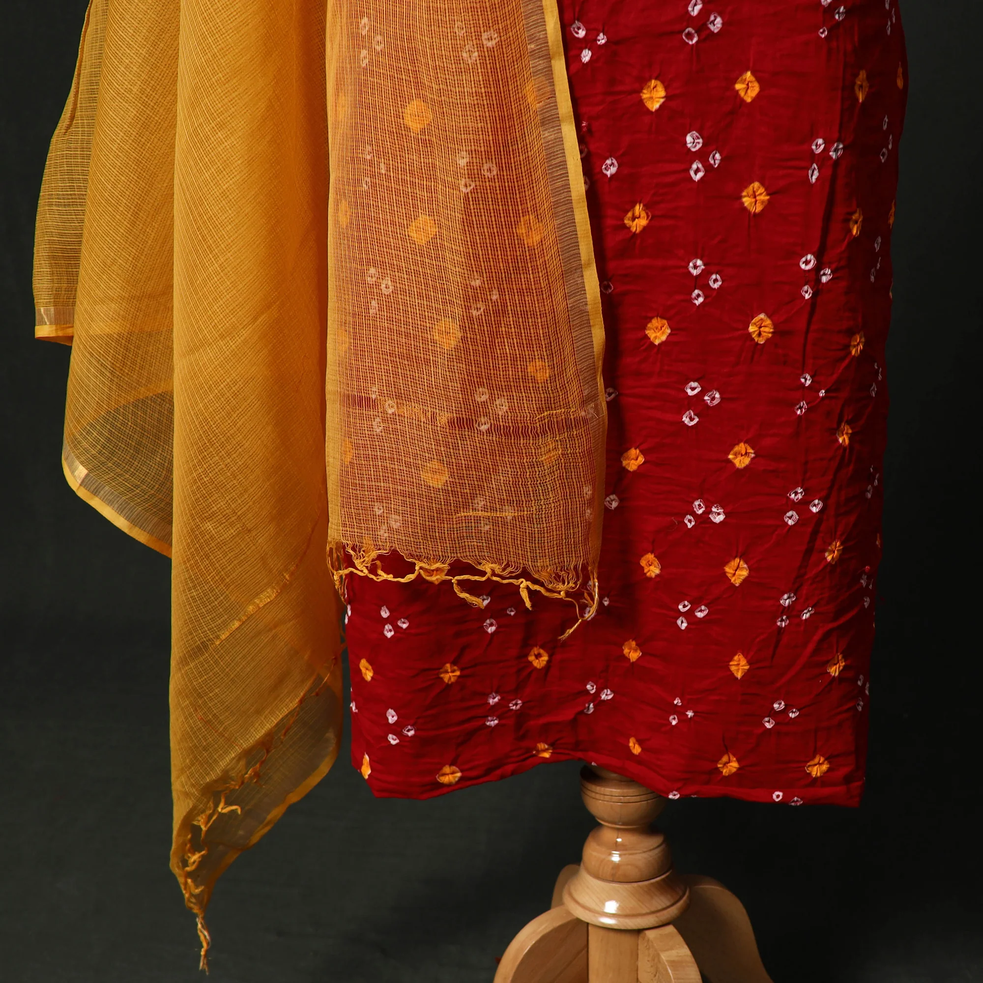 Kutch Bandhani Tie-Dye Cotton 2pc Unstitched Dress Material Kurta Set with Earrings 21 - Image 4