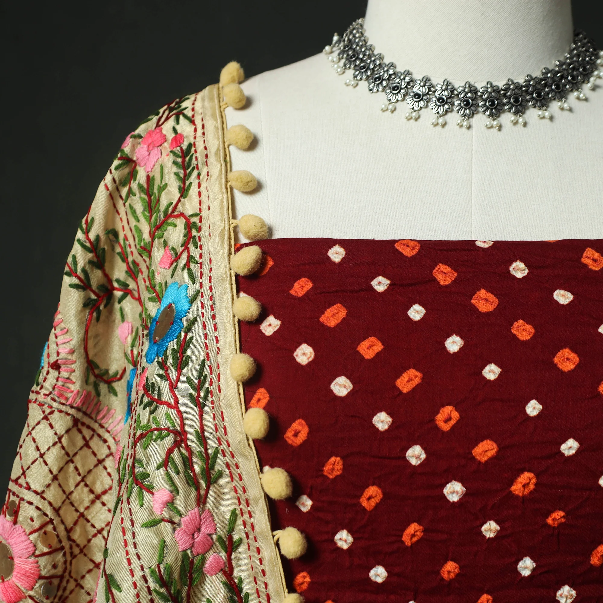 Maroon - Kutch Bandhani Tie-Dye Cotton 2pc Unstitched Dress Material Kurta Set with Earrings 22 - Image 3