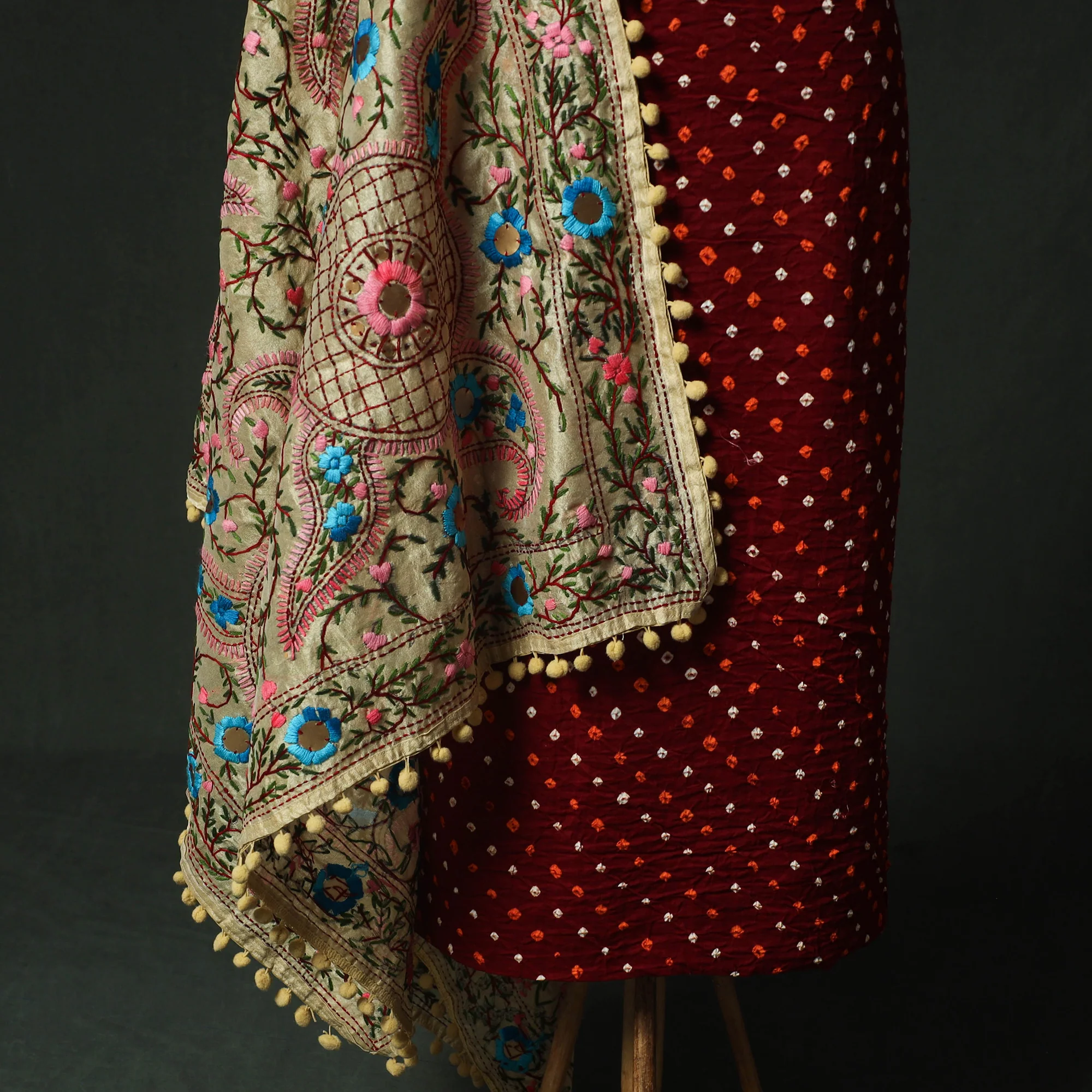 Maroon - Kutch Bandhani Tie-Dye Cotton 2pc Unstitched Dress Material Kurta Set with Earrings 22 - Image 4