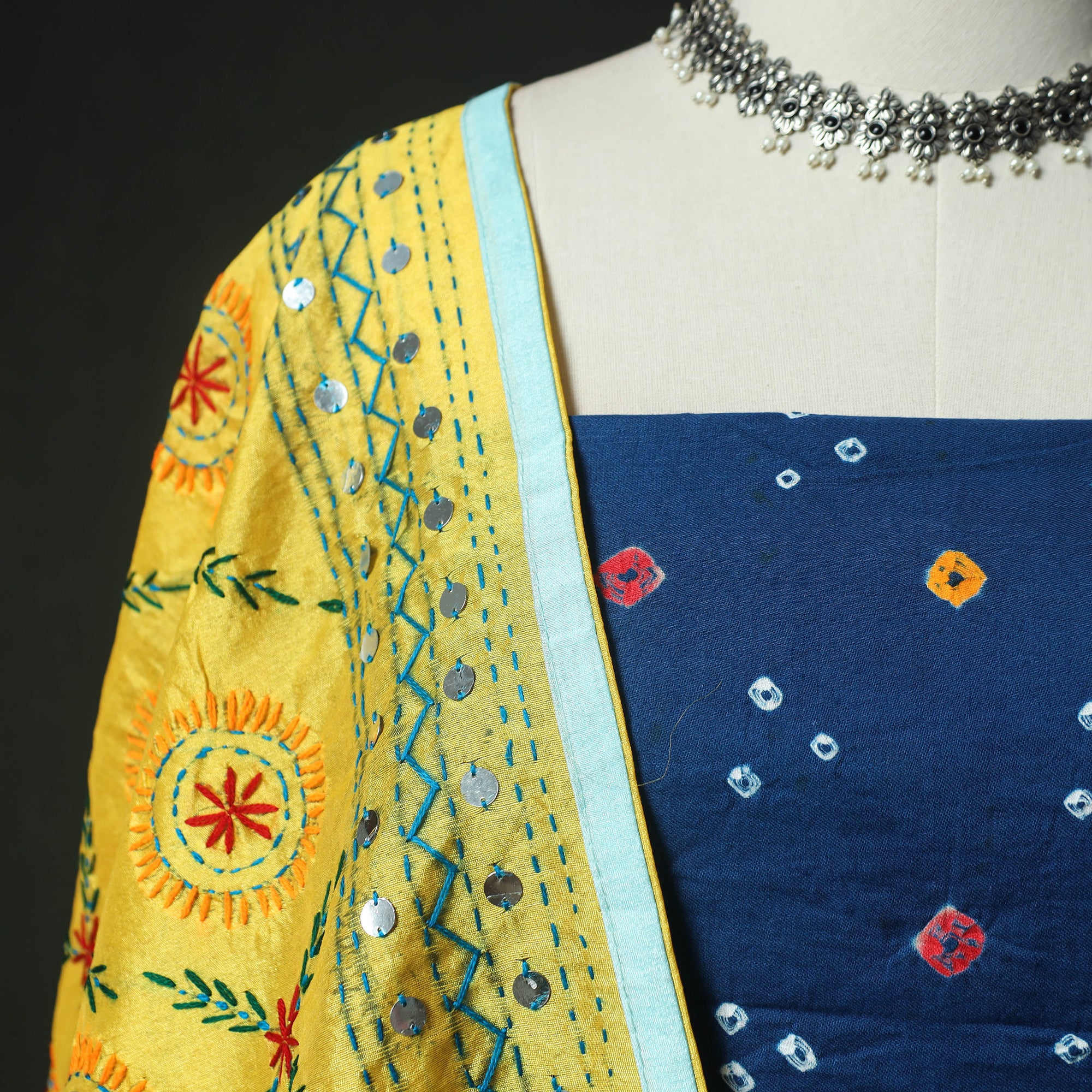 Blue - Kutch Bandhani Tie-Dye Cotton 2pc Unstitched Dress Material Kurta Set with Earrings 23 - Image 3