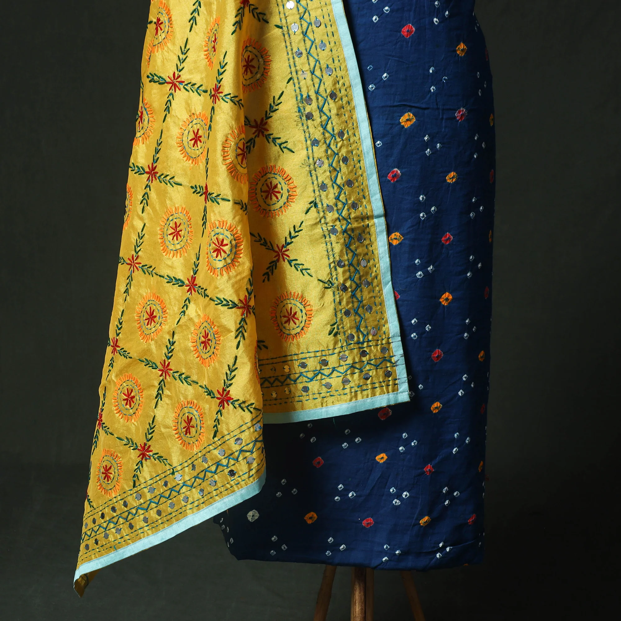 Blue - Kutch Bandhani Tie-Dye Cotton 2pc Unstitched Dress Material Kurta Set with Earrings 23 - Image 4