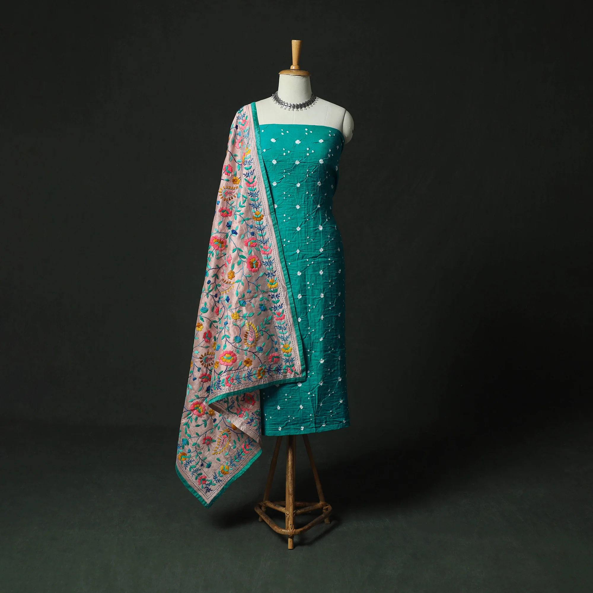 Green - Kutch Bandhani Tie-Dye Cotton 2pc Unstitched Dress Material Kurta Set with Earrings 24