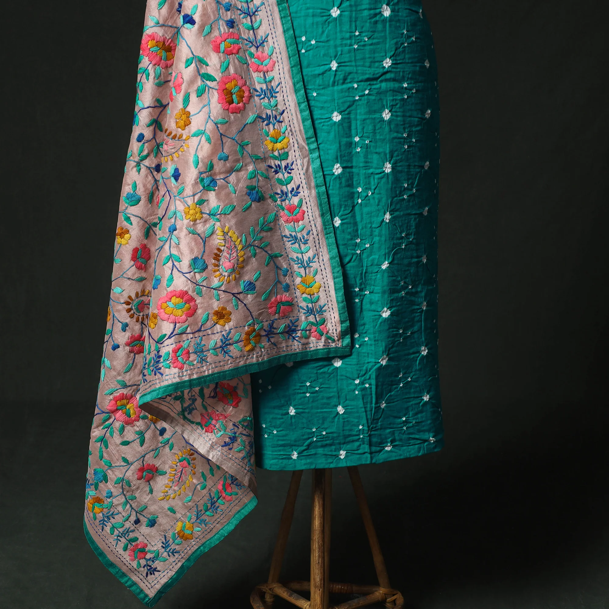 Green - Kutch Bandhani Tie-Dye Cotton 2pc Unstitched Dress Material Kurta Set with Earrings 24 - Image 4