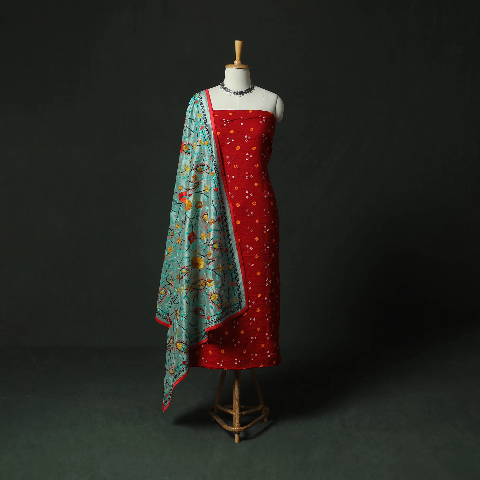 Red - Kutch Bandhani Tie-Dye Cotton 2pc Unstitched Dress Material Kurta Set with Earrings 25