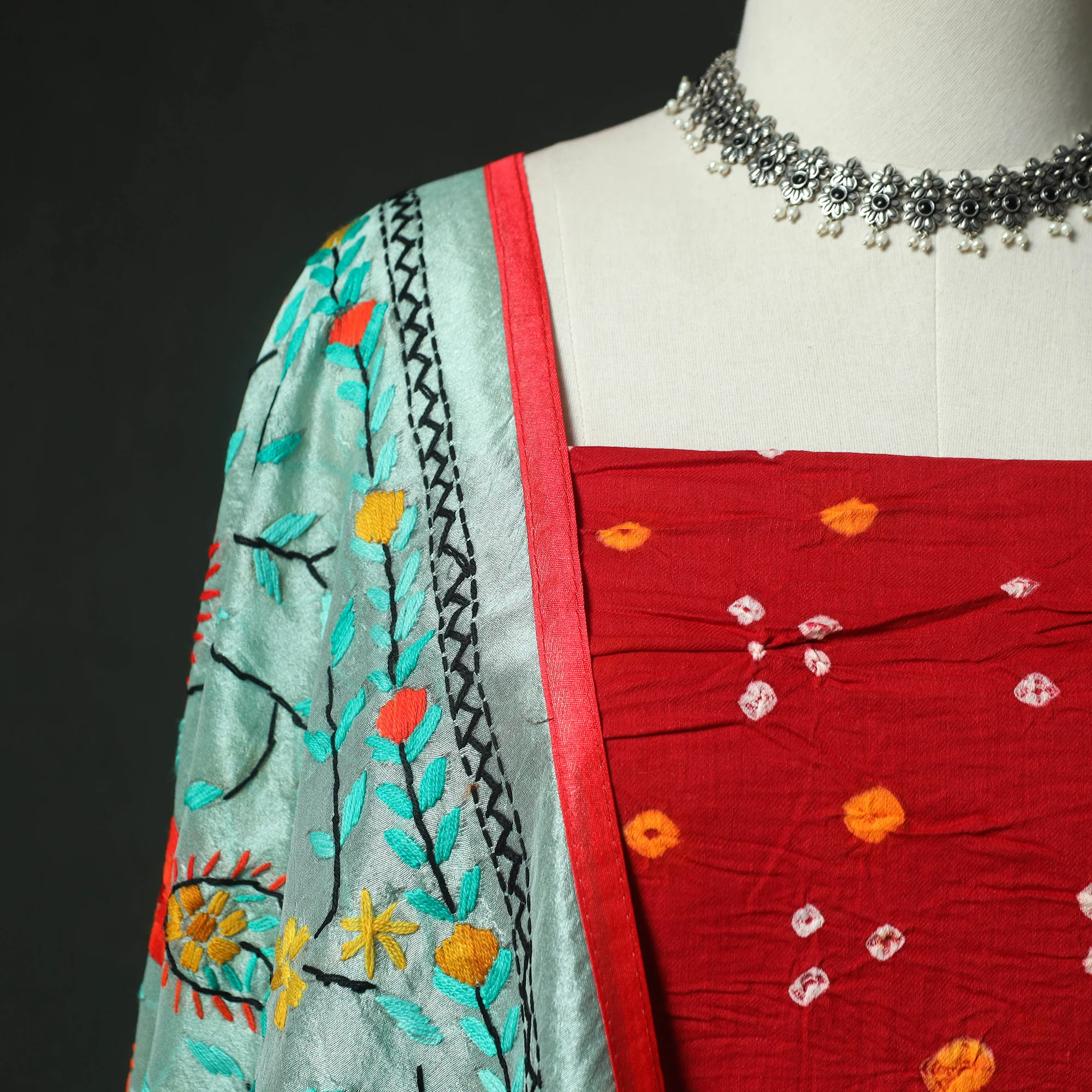 Red - Kutch Bandhani Tie-Dye Cotton 2pc Unstitched Dress Material Kurta Set with Earrings 25 - Image 3