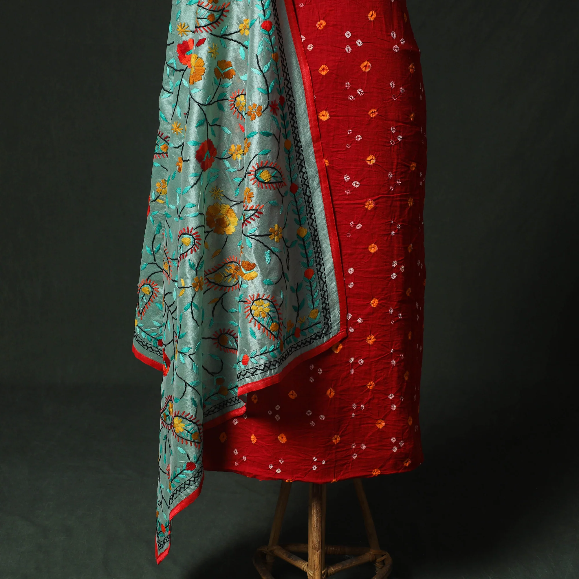 Red - Kutch Bandhani Tie-Dye Cotton 2pc Unstitched Dress Material Kurta Set with Earrings 25 - Image 4
