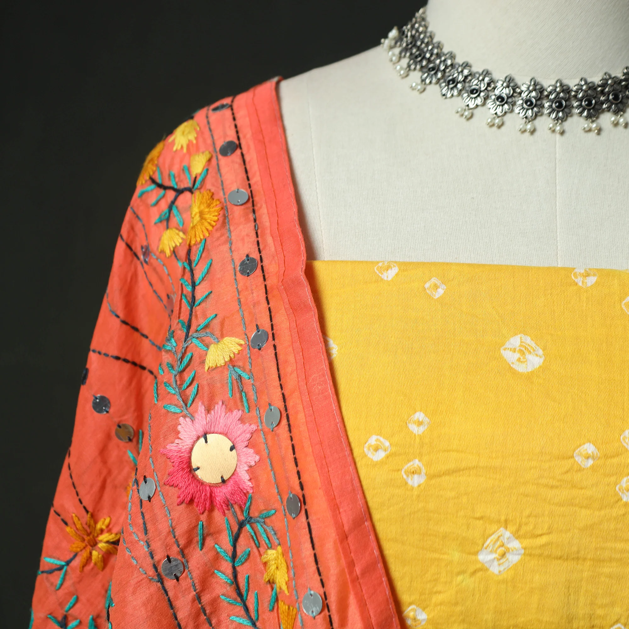Yellow - Kutch Bandhani Tie-Dye Cotton 2pc Unstitched Dress Material Kurta Set with Earrings 26 - Image 3