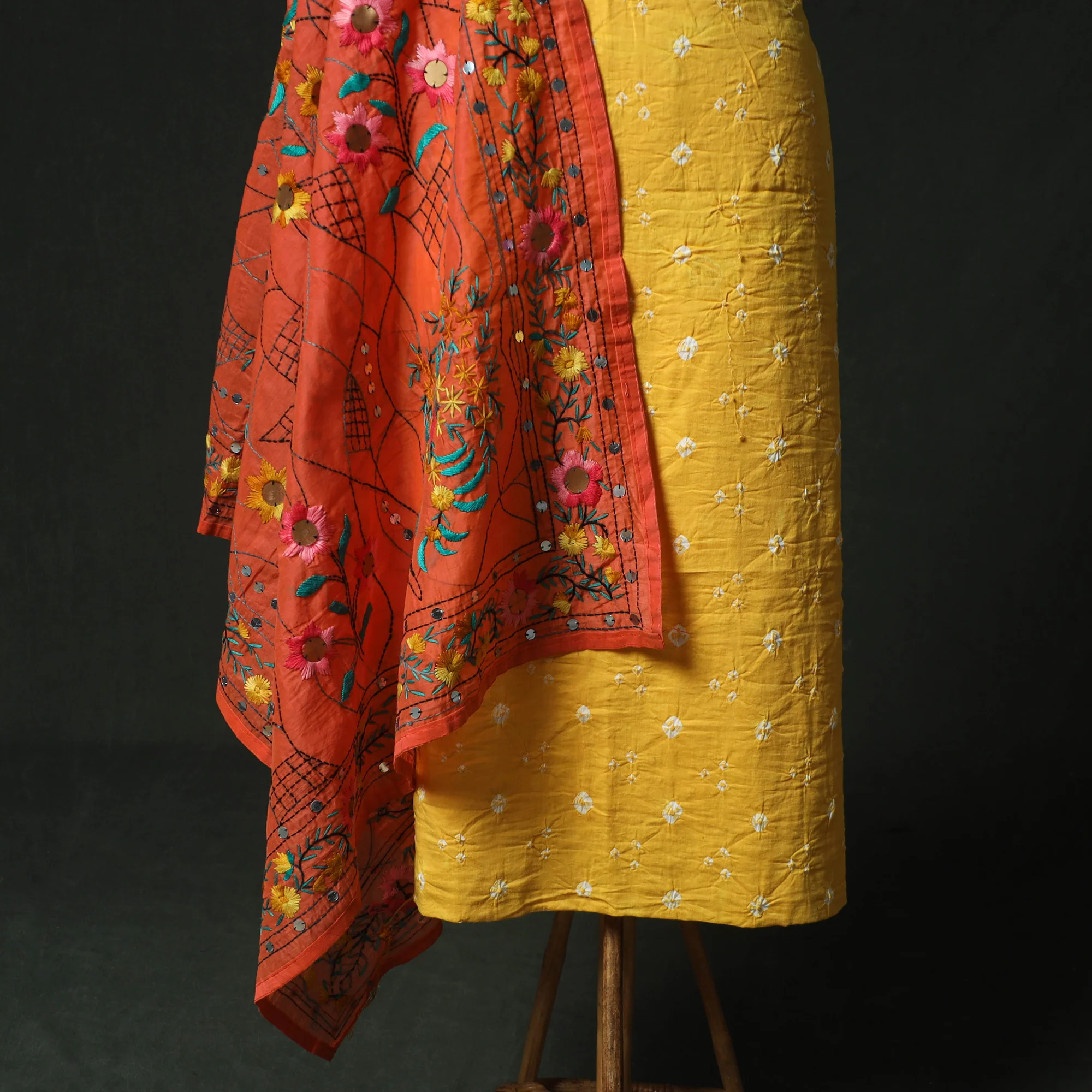 Yellow - Kutch Bandhani Tie-Dye Cotton 2pc Unstitched Dress Material Kurta Set with Earrings 26 - Image 4
