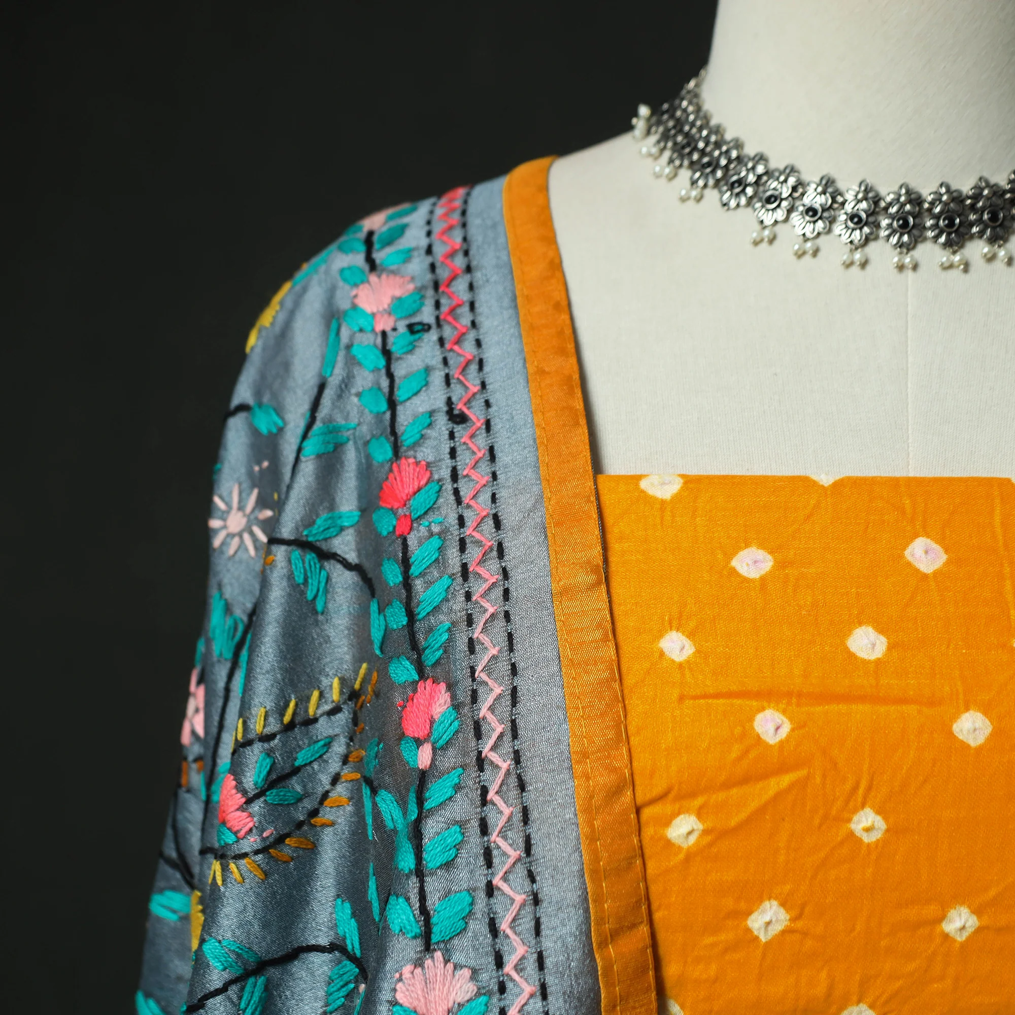 Yellow - Kutch Bandhani Tie-Dye Cotton 2pc Unstitched Dress Material Kurta Set with Earrings 27 - Image 3