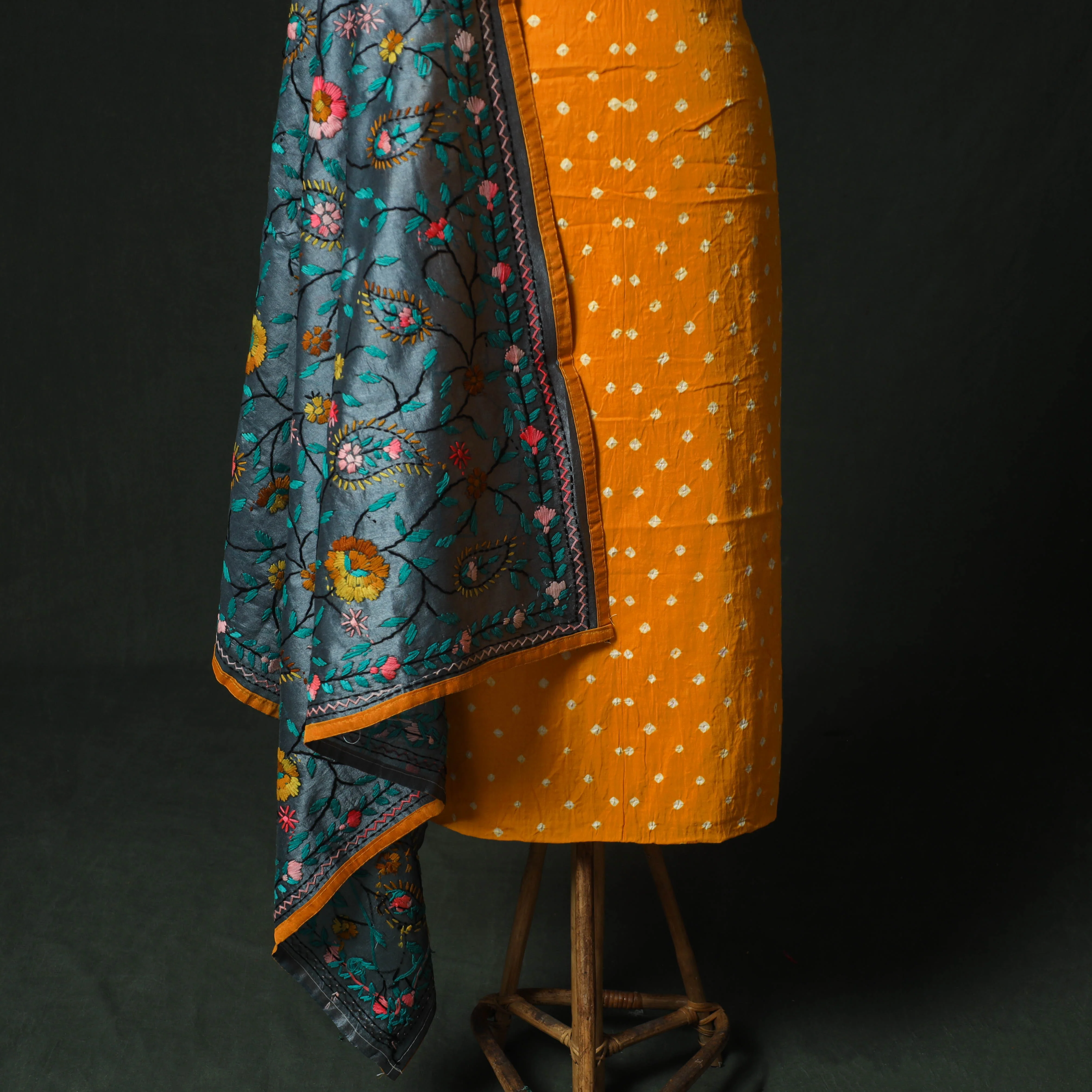 Yellow - Kutch Bandhani Tie-Dye Cotton 2pc Unstitched Dress Material Kurta Set with Earrings 27 - Image 4