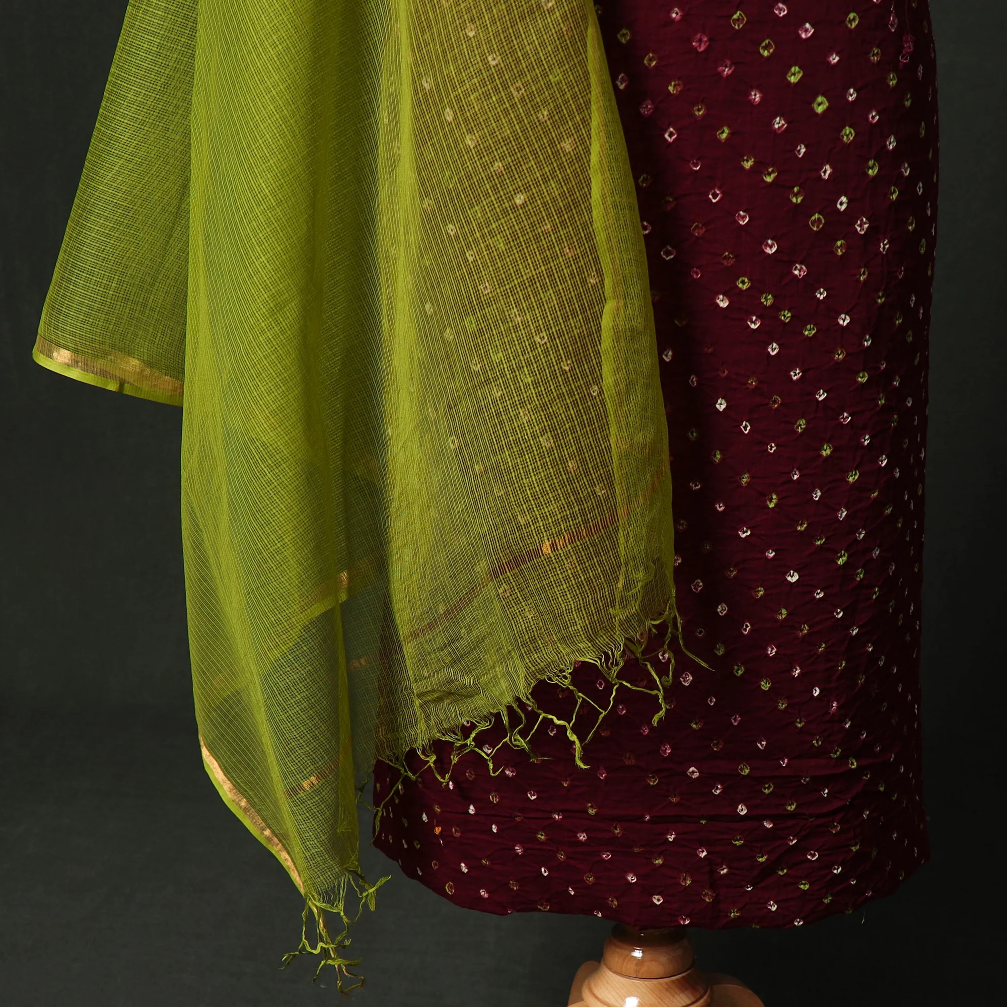 Kutch Bandhani Tie-Dye Cotton 2pc Unstitched Dress Material Kurta Set with Earrings 27 - Image 4