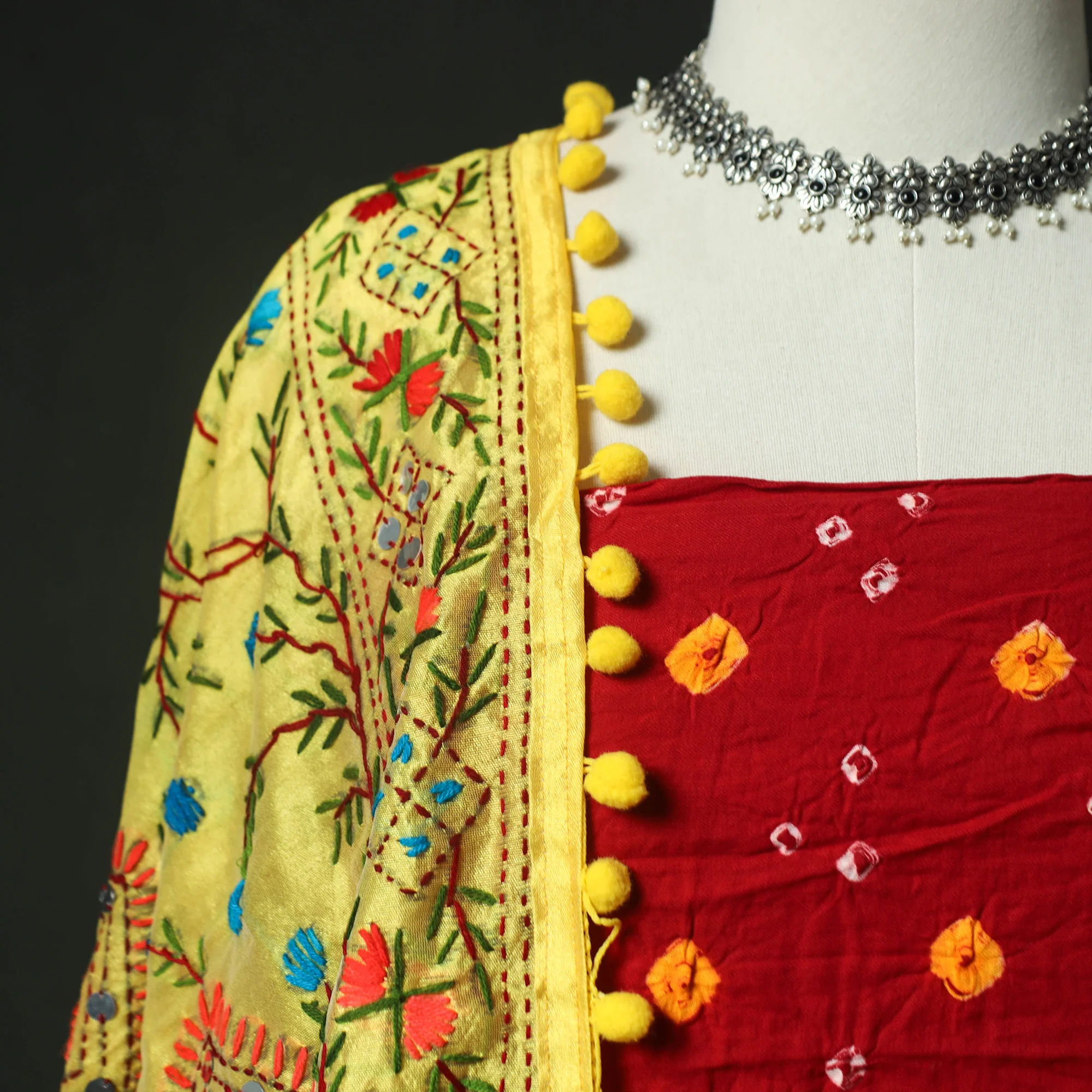 Red - Kutch Bandhani Tie-Dye Cotton 2pc Unstitched Dress Material Kurta Set with Earrings 28 - Image 3