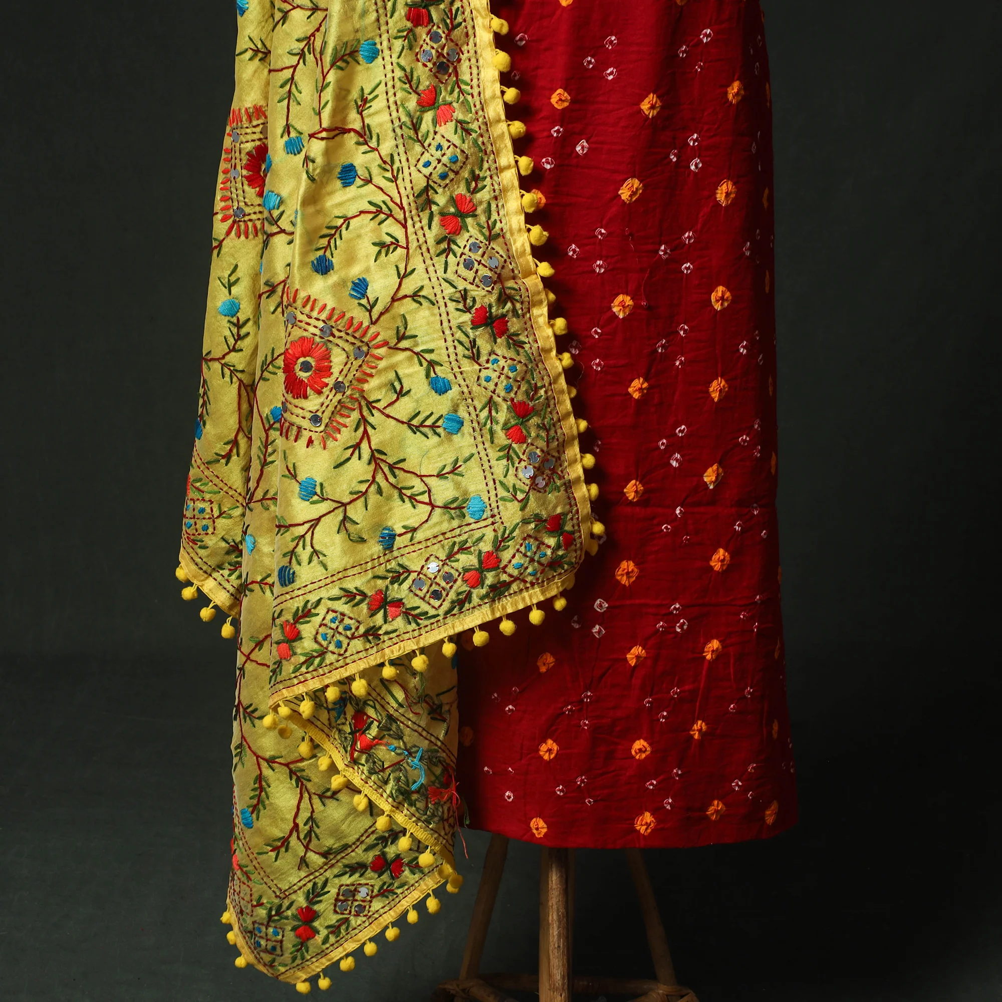 Red - Kutch Bandhani Tie-Dye Cotton 2pc Unstitched Dress Material Kurta Set with Earrings 28 - Image 4
