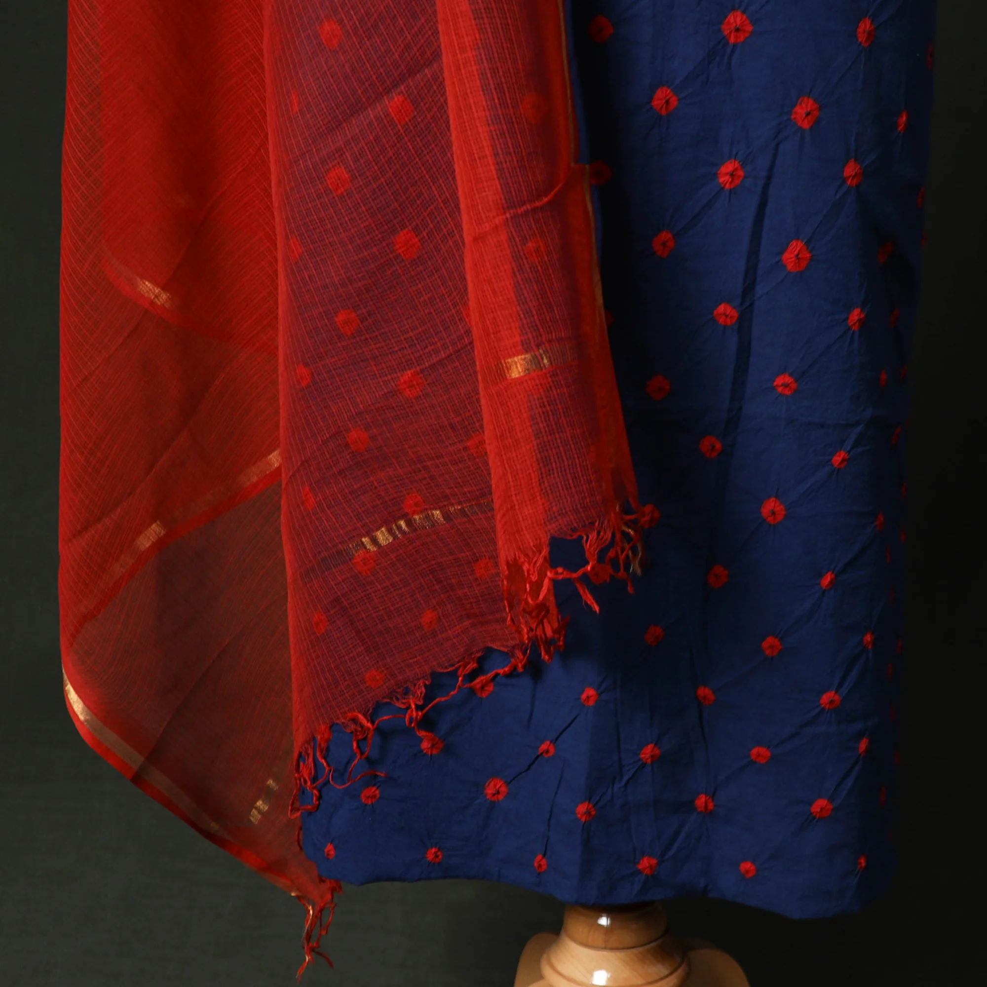 Kutch Bandhani Tie-Dye Cotton 2pc Unstitched Dress Material Kurta Set with Earrings 28 - Image 4