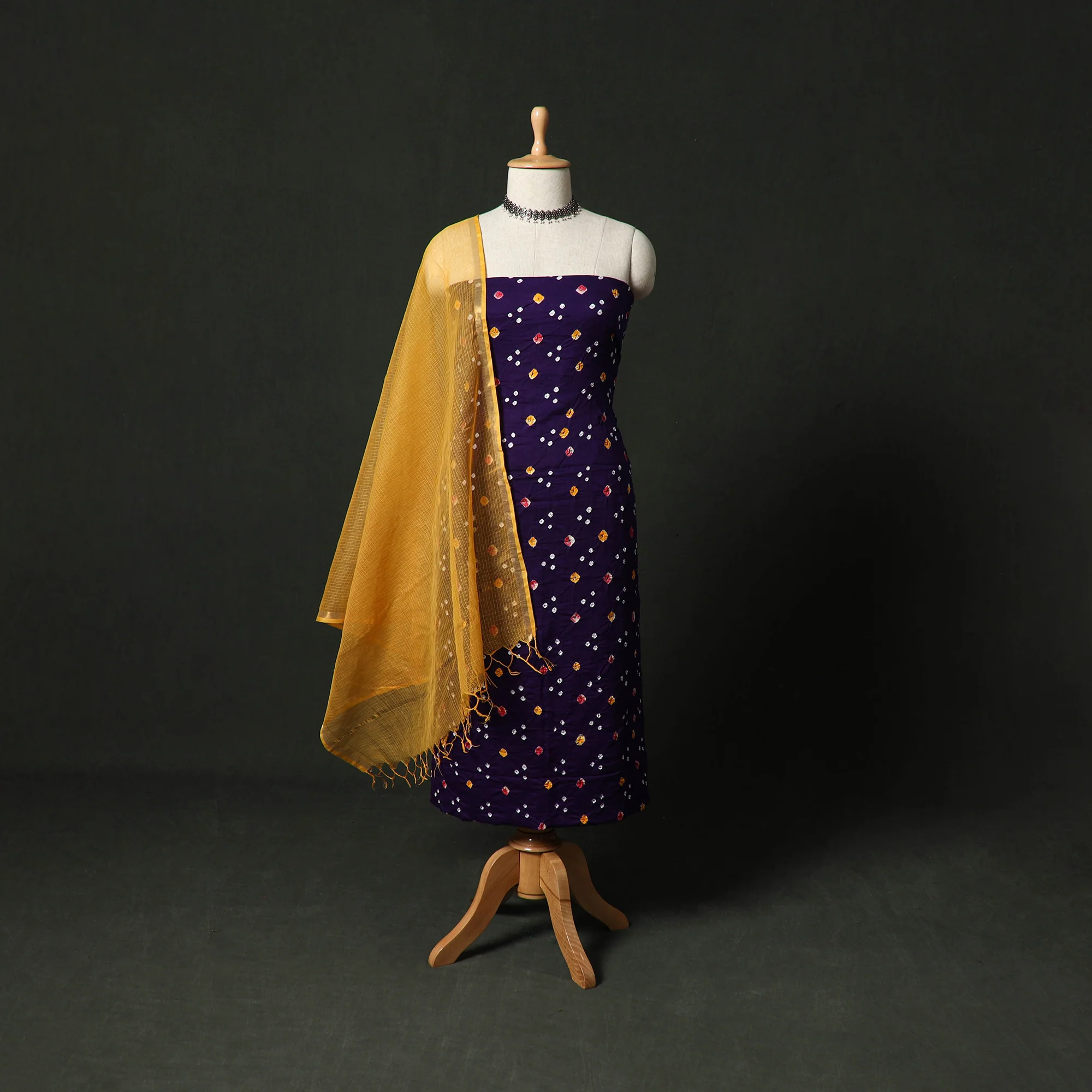Kutch Bandhani Tie-Dye Cotton 2pc Unstitched Dress Material Kurta Set with Earrings 29