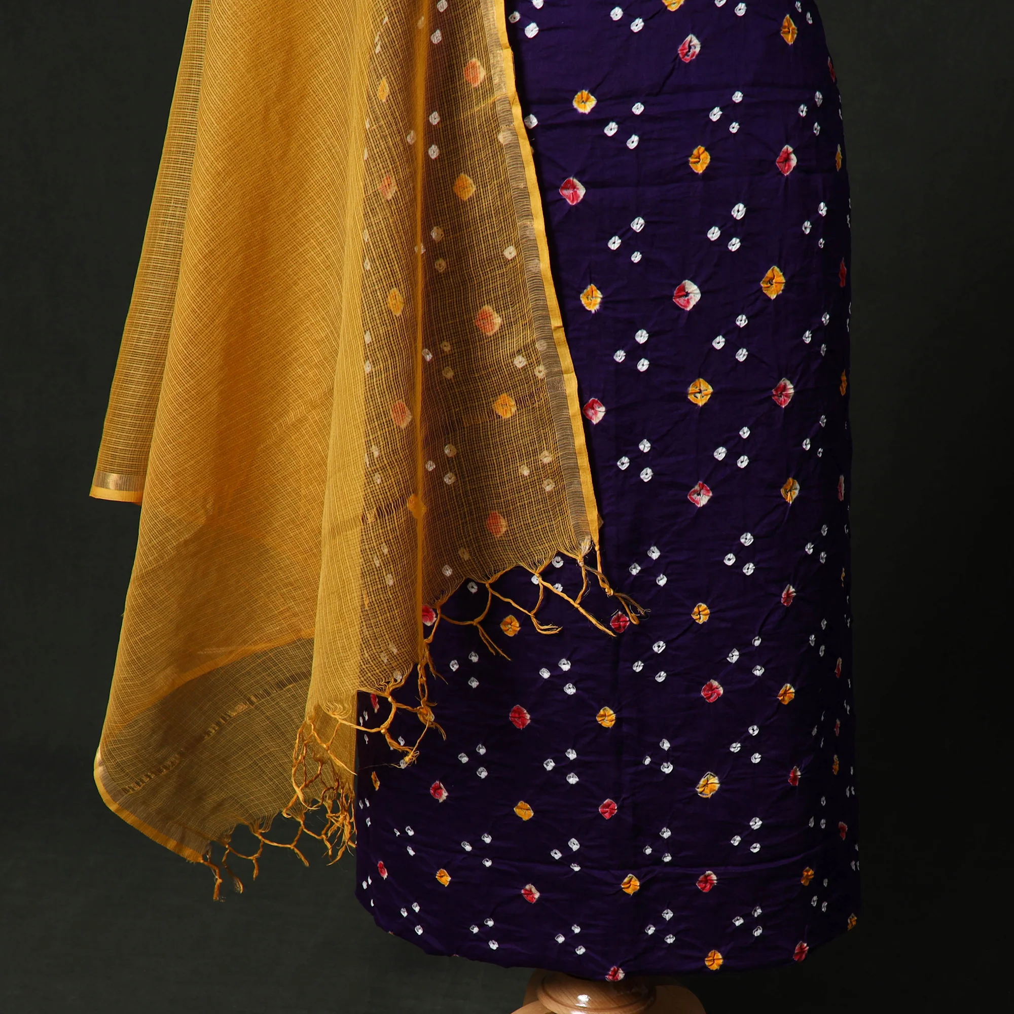 Kutch Bandhani Tie-Dye Cotton 2pc Unstitched Dress Material Kurta Set with Earrings 29 - Image 4