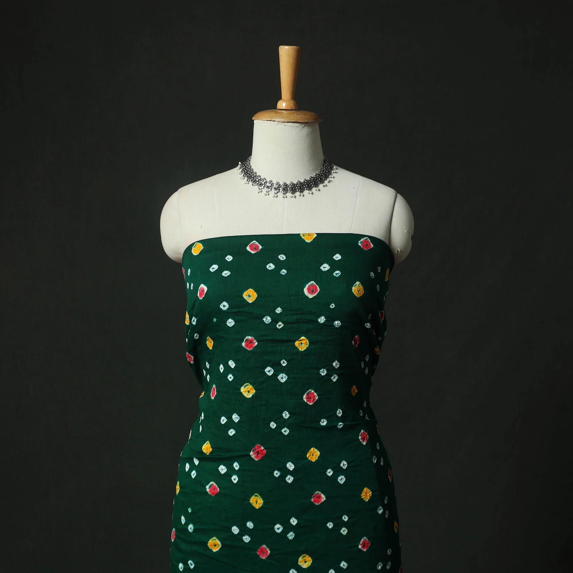 Green - Kutch Bandhani Tie-Dye Cotton 2pc Unstitched Dress Material Kurta Set with Earrings 30 - Image 2