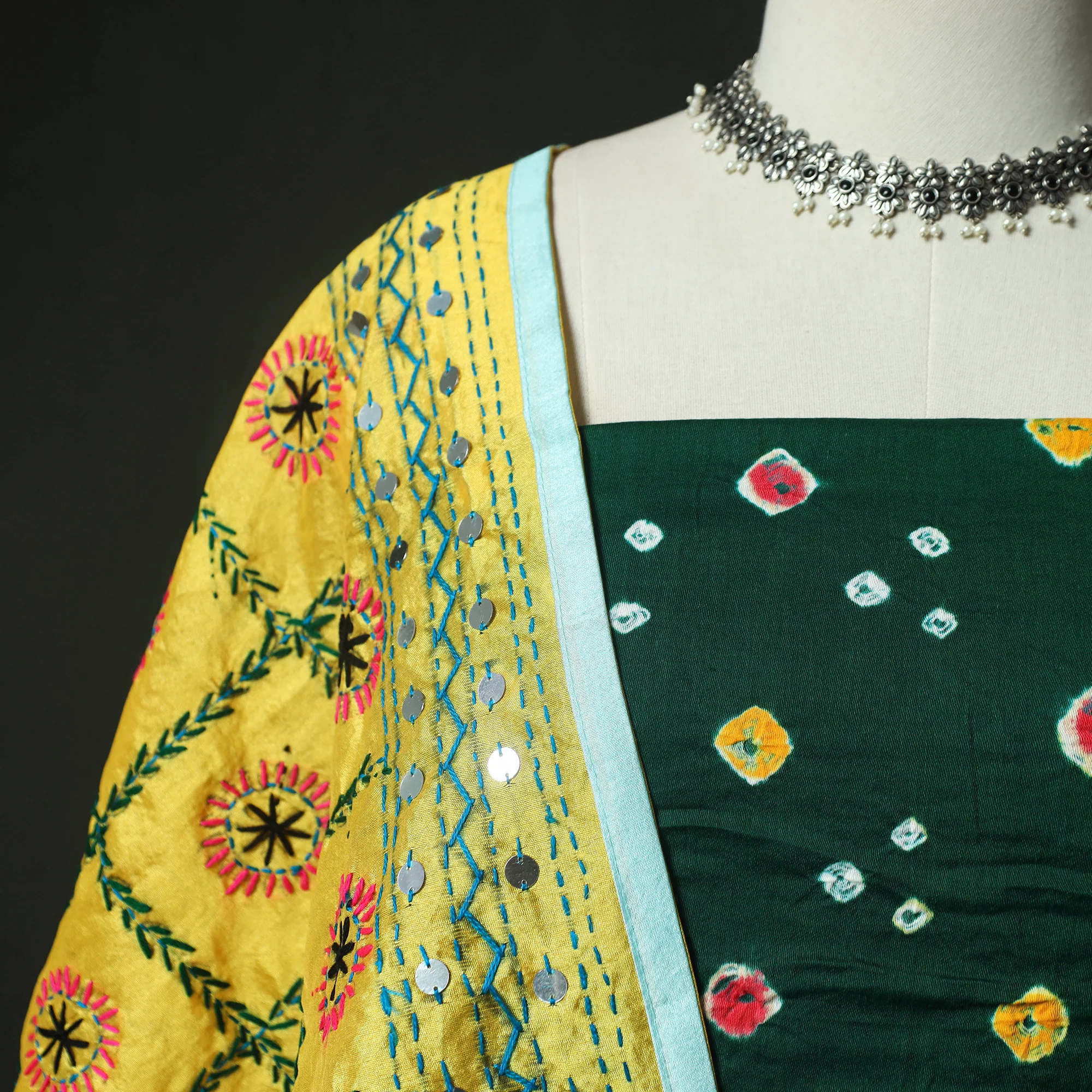 Green - Kutch Bandhani Tie-Dye Cotton 2pc Unstitched Dress Material Kurta Set with Earrings 30 - Image 3