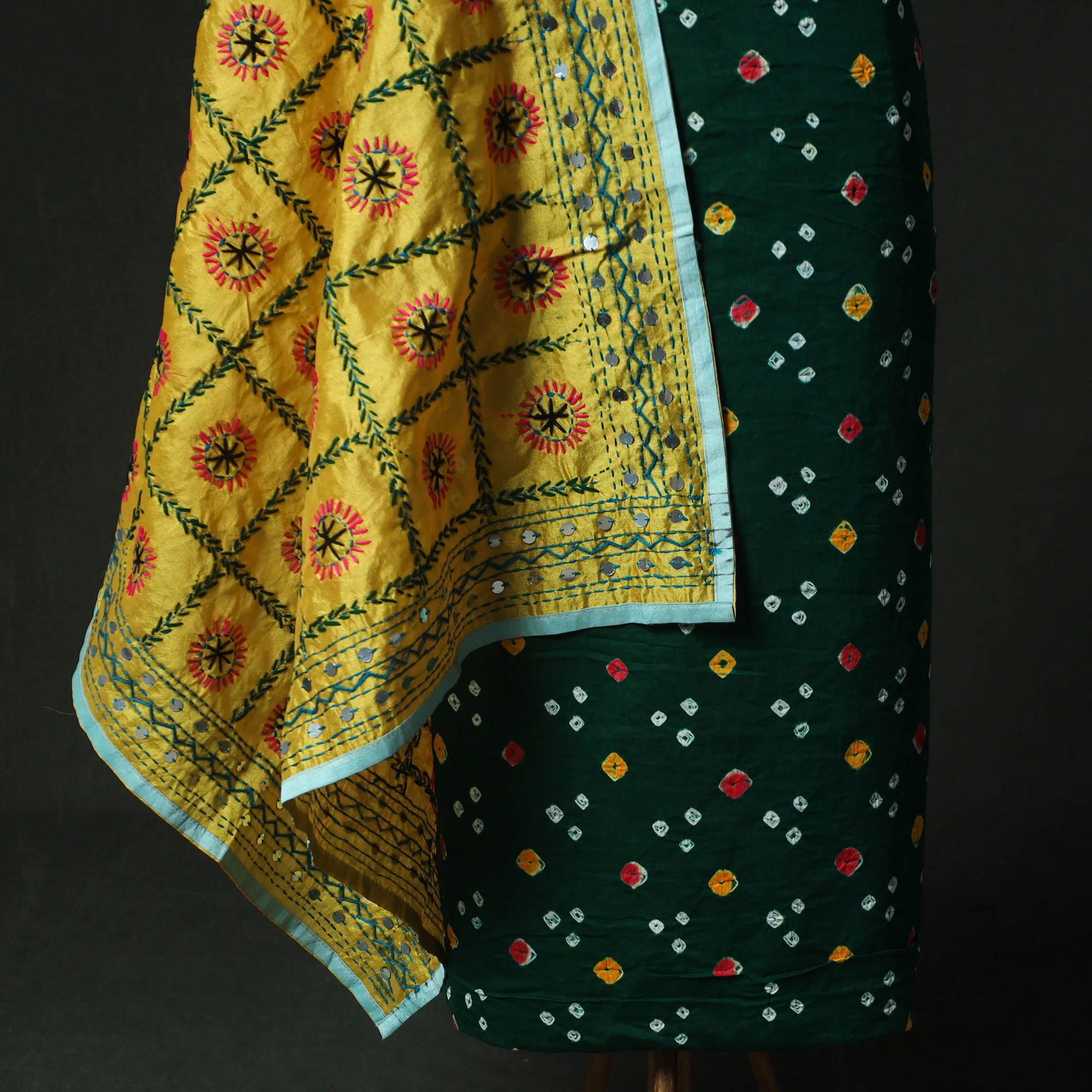 Green - Kutch Bandhani Tie-Dye Cotton 2pc Unstitched Dress Material Kurta Set with Earrings 30 - Image 4